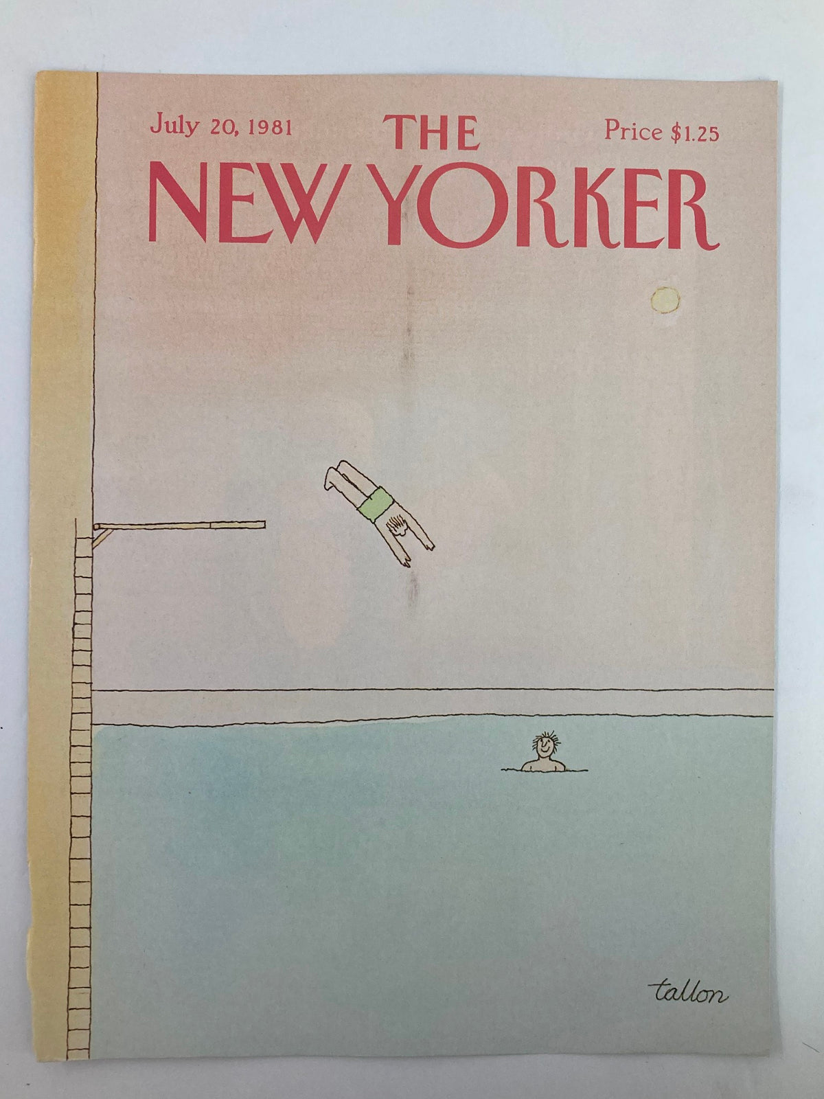 Cover of The New Yorker July 20, 1981 showcasing 'Free Diving' by Robert Tallon, illustrated with a diving platform and a smiling swimmer in the pool.