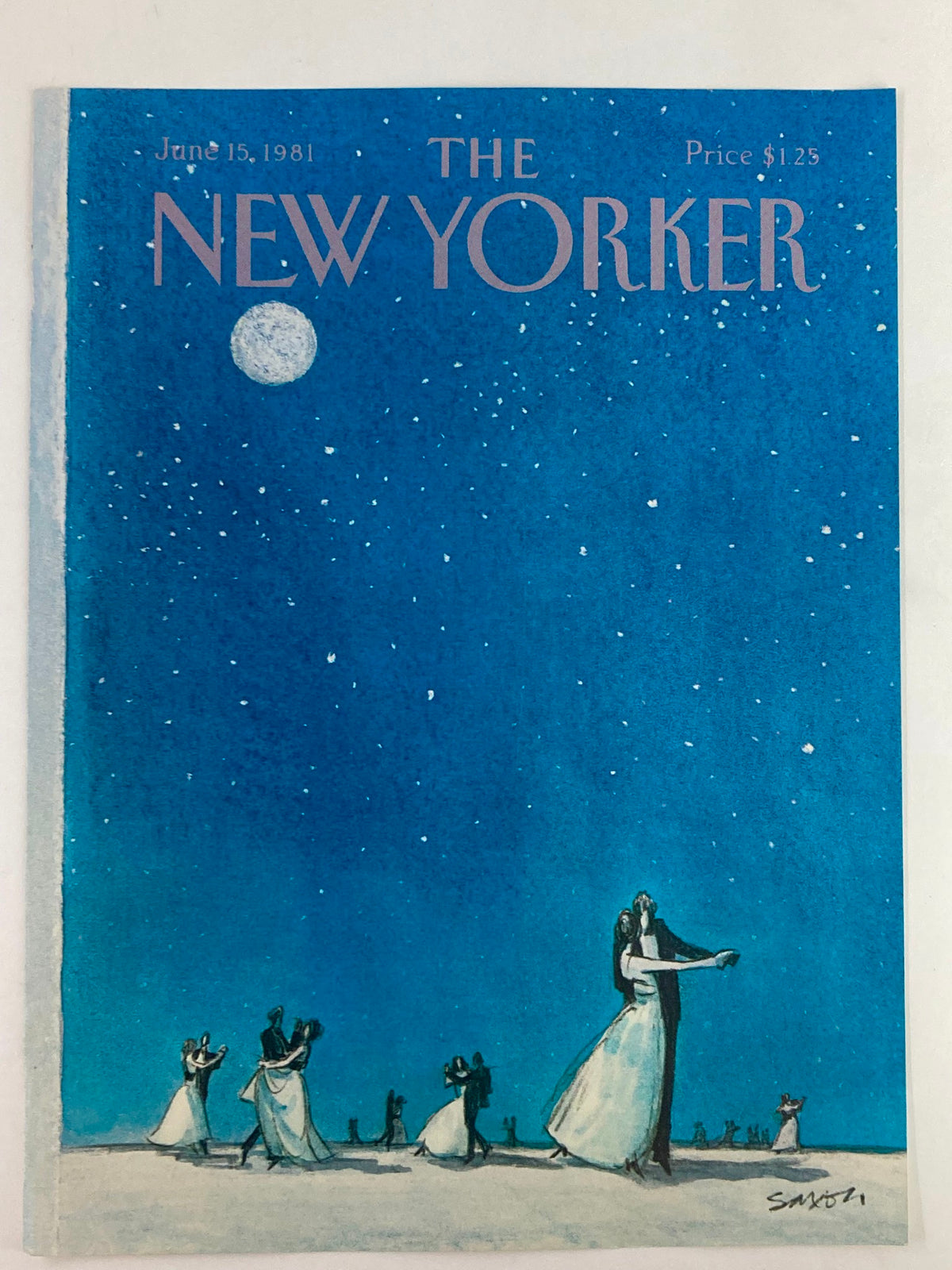 Cover of The New Yorker, dated June 15, 1981, featuring 'Dancing in the Moonlight' artwork by Charles Saxon, showcasing couples dancing under a moonlit sky with stars, capturing the nostalgic essence of early 1980s culture.