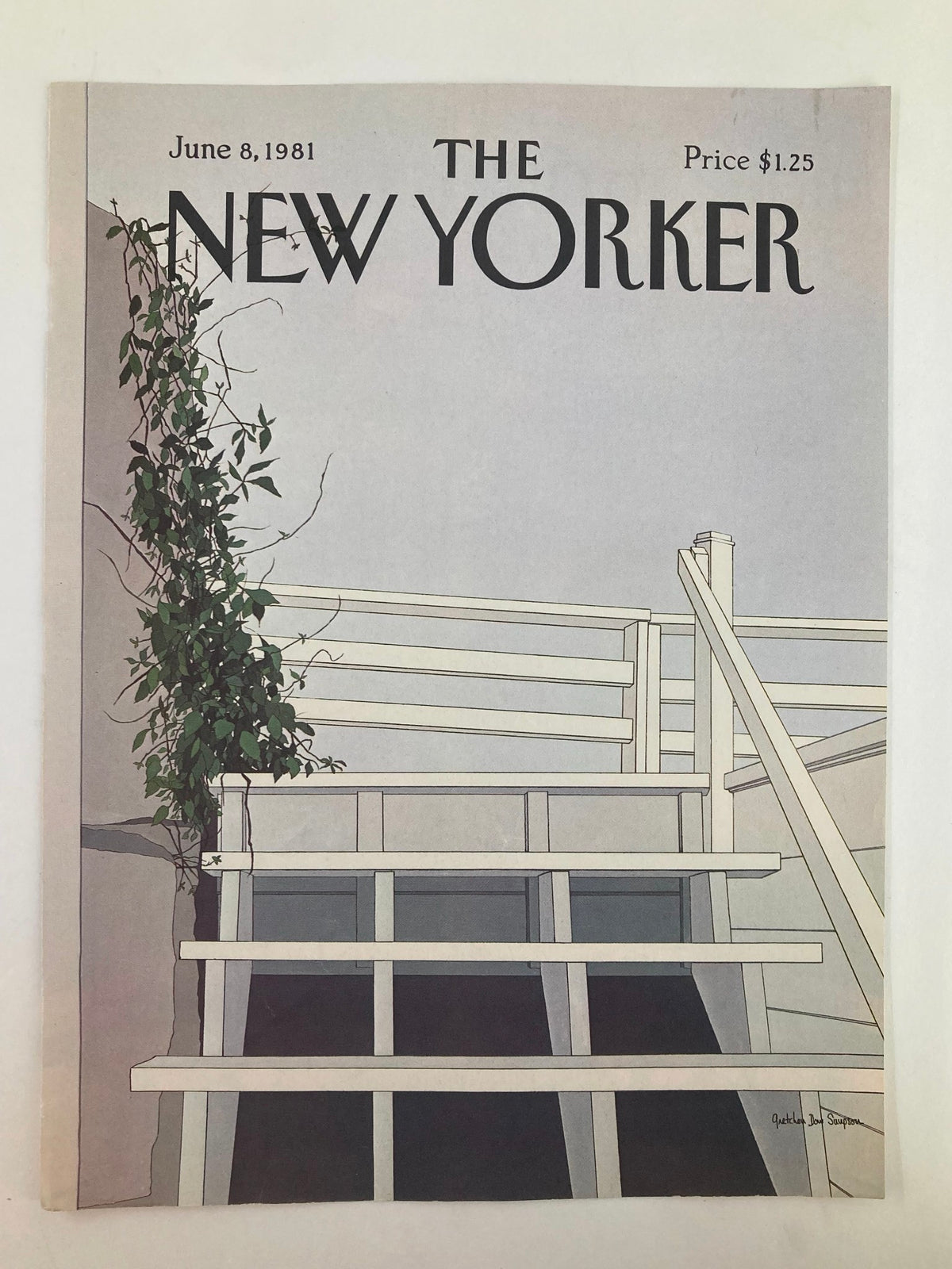 The New Yorker cover from June 8, 1981 depicting 'Clean Stairs' by Gretchen Dow Simpson, illustrating a peaceful staircase surrounded by plants.