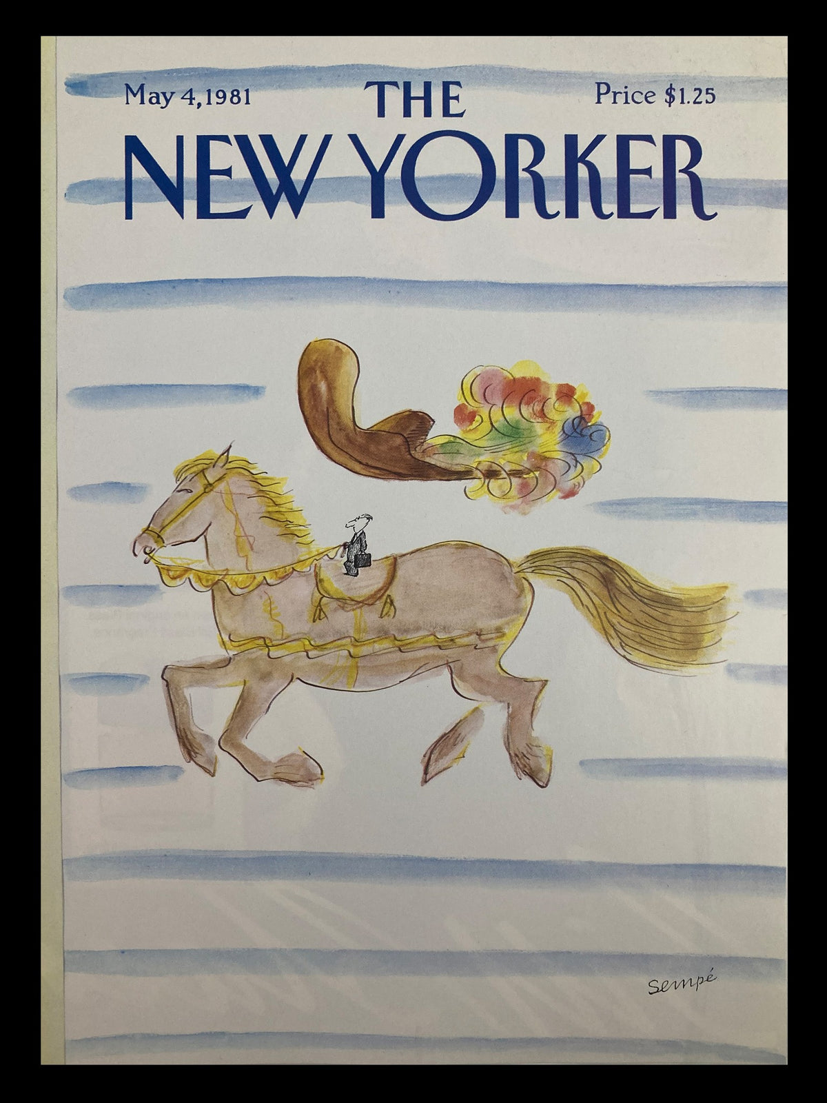The New Yorker Cover May 4 1981 featuring artwork titled 'Tiny Cowboy' by J. J. Sempe, depicting a whimsical cowboy on a horse with colorful clouds.