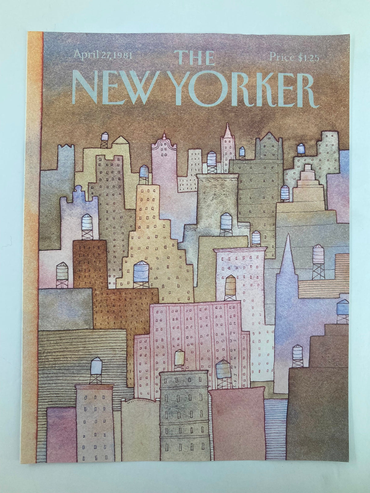 The New Yorker cover from April 27, 1981, displaying a captivating illustration of city rooftops by Lonni Sue Johnson.