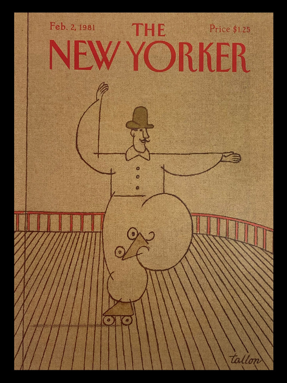 The New Yorker cover from February 2, 1981, featuring a whimsical mime performing on roller skates, illustrated by Robert Tallon.