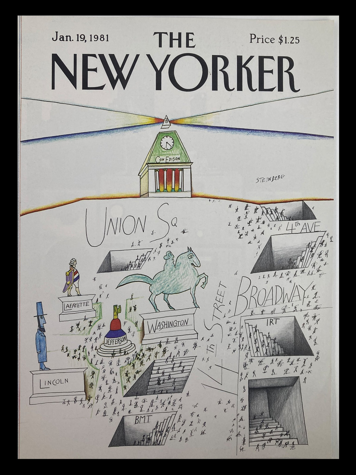 Cover of The New Yorker dated January 19, 1981, featuring a unique Saul Steinberg illustration of Union Square Street, showcasing iconic local landmarks and the vibrant spirit of New York City.