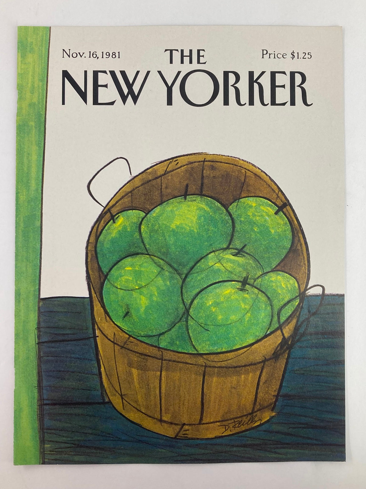 Close-up view of The New Yorker cover dated November 16, 1981, with Donald Reilly's whimsical illustration of a bucket filled with green apples.