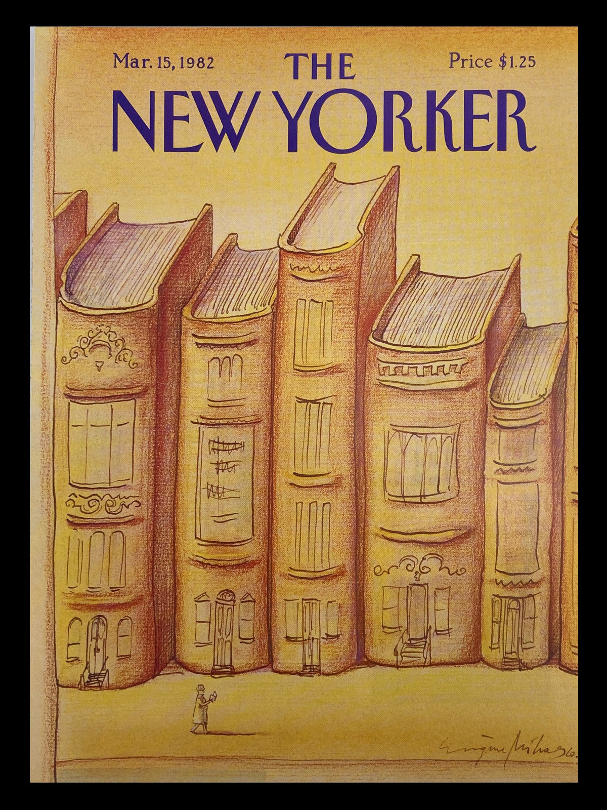 Cover of The New Yorker, dated March 15, 1982, featuring the artwork 'Building of Books' by Eugene Mihaesco, showcasing stylized books and a figure on the street.