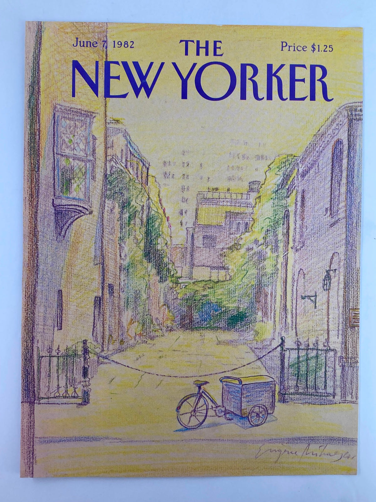 COVER ONLY The New Yorker June 7, 1982 showcasing the "Courtyard Bike" artwork by Eugene Mihaesco, illustrating a tranquil urban scene with a bicycle.
