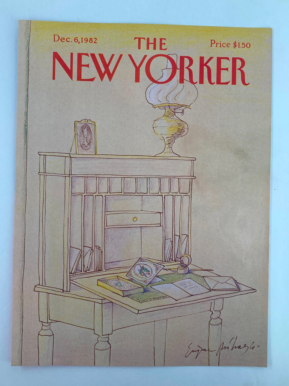 COVER ONLY The New Yorker December 6 1982 showcasing 'Writing a Letter' by Eugene Mihaesco, illustrating a cozy desk scene with a lamp and a framed picture on a wooden table.