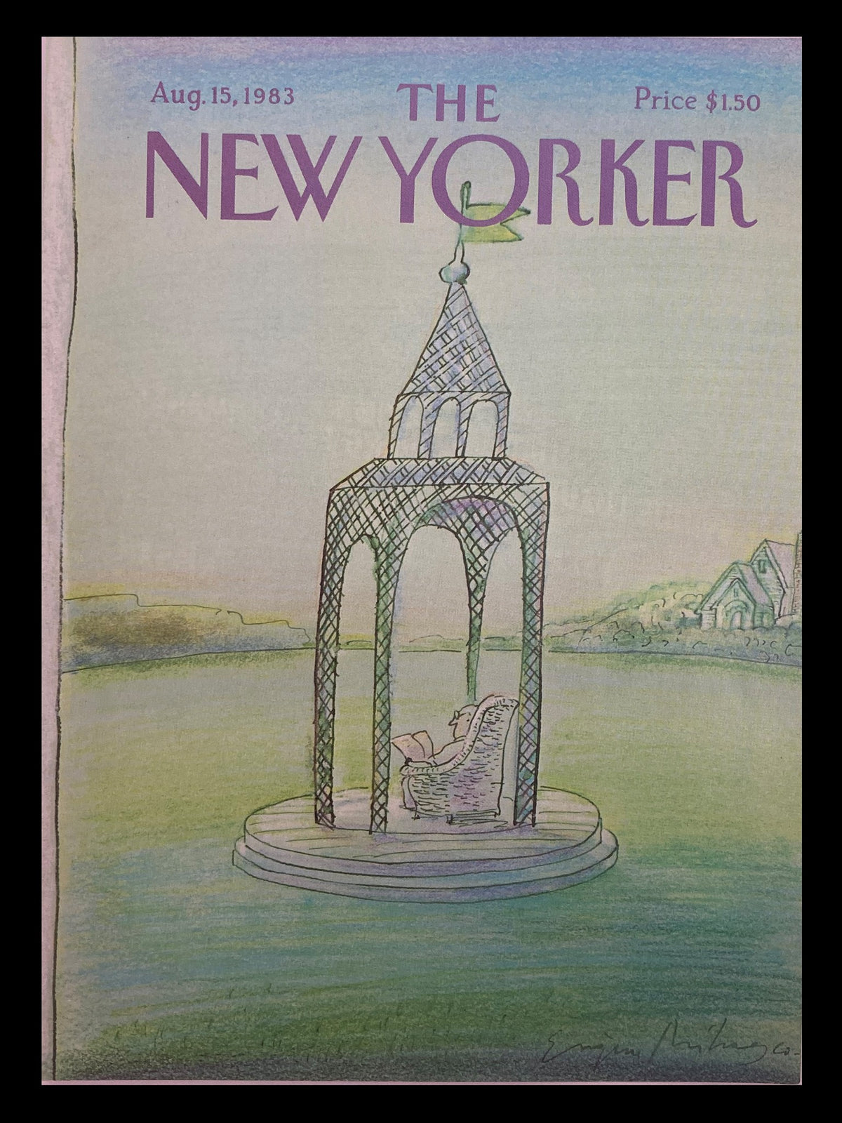 Cover of The New Yorker magazine from August 15, 1983, featuring a serene gazebo illustrated by Eugene Mihaesco, showcasing a tranquil scene by the water.