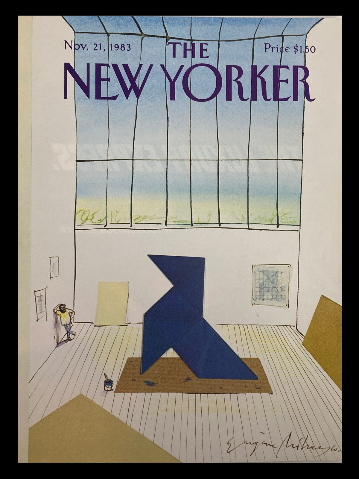 The New Yorker Cover dated November 21, 1983 featuring a unique paper craft illustration by Eugene Mihaesco, showcasing a modern art installation in a spacious gallery setting.