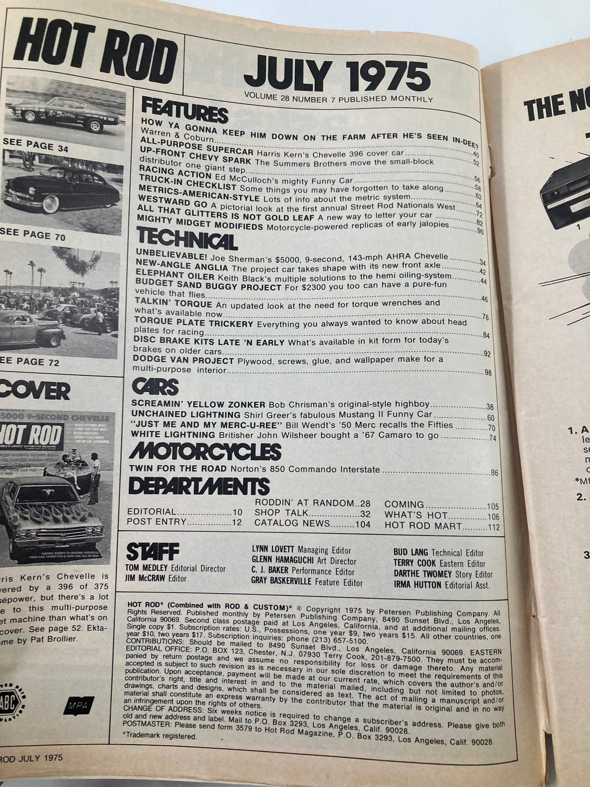 Interior page of VTG Hot Rod Magazine July 1975 Vol 28 #7 featuring articles and content listings including Harris Kern's Chevelle, showcasing features, technical discussions, and editorial staff details.