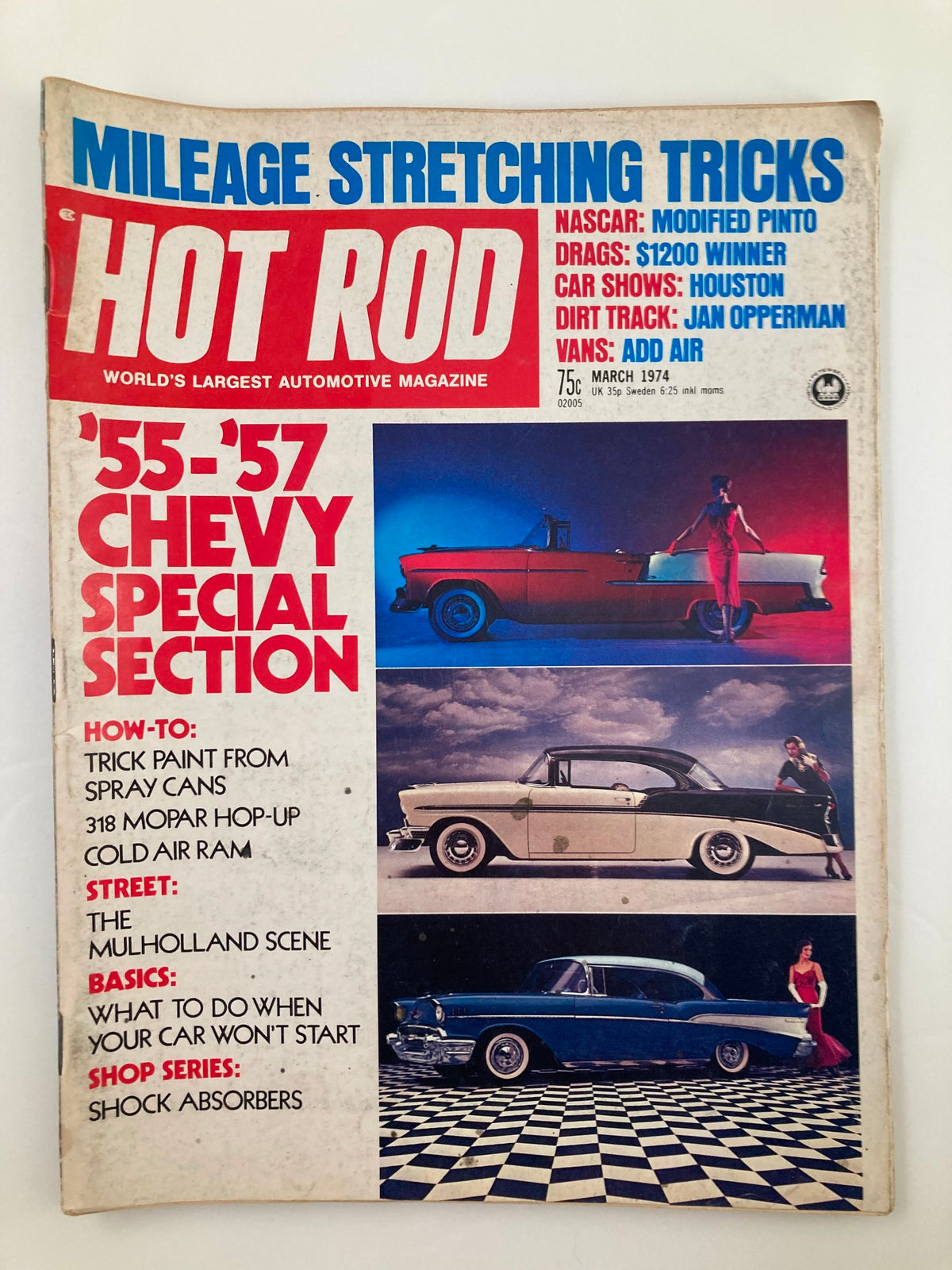 Cover of Hot Rod Magazine March 1974 Vol 27 #3 showcasing '55-'57 Chevy Special Section, featuring articles on mileage stretching tricks and the Mulholland Scene.