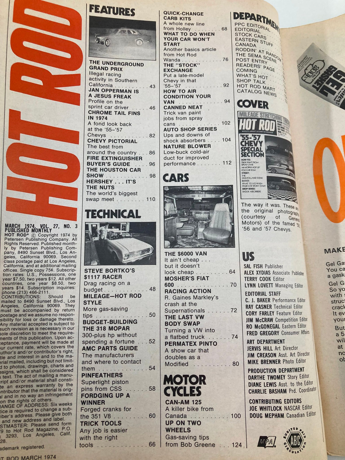 Inside page of Hot Rod Magazine March 1974 Vol 27 #3 highlighting features, technical advice, and articles in vintage automotive culture.