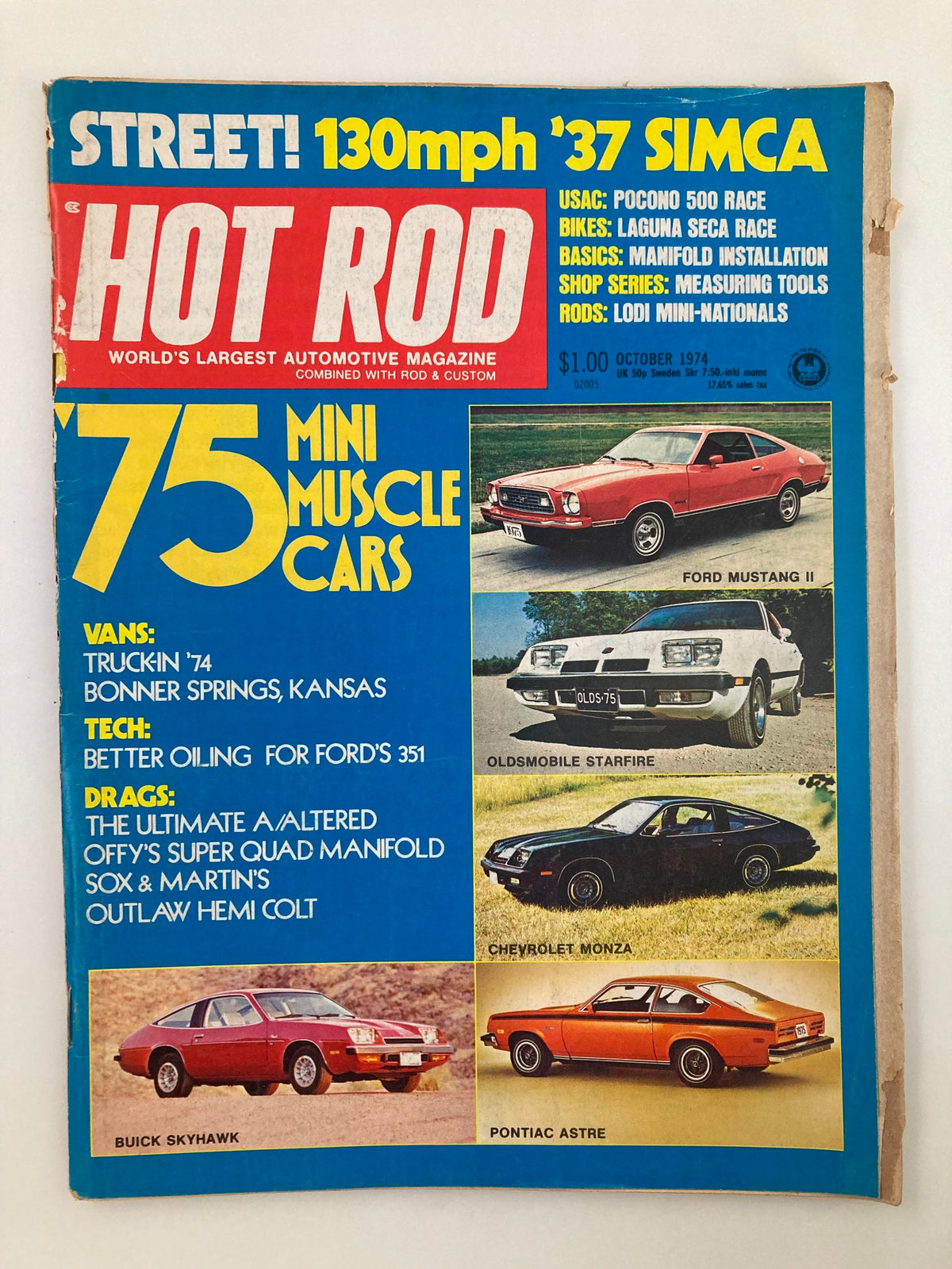 Cover of VTG Hot Rod Magazine October 1974 Vol 27 #10 highlighting '75 Mini Muscle Cars with featured vehicles and automotive content.