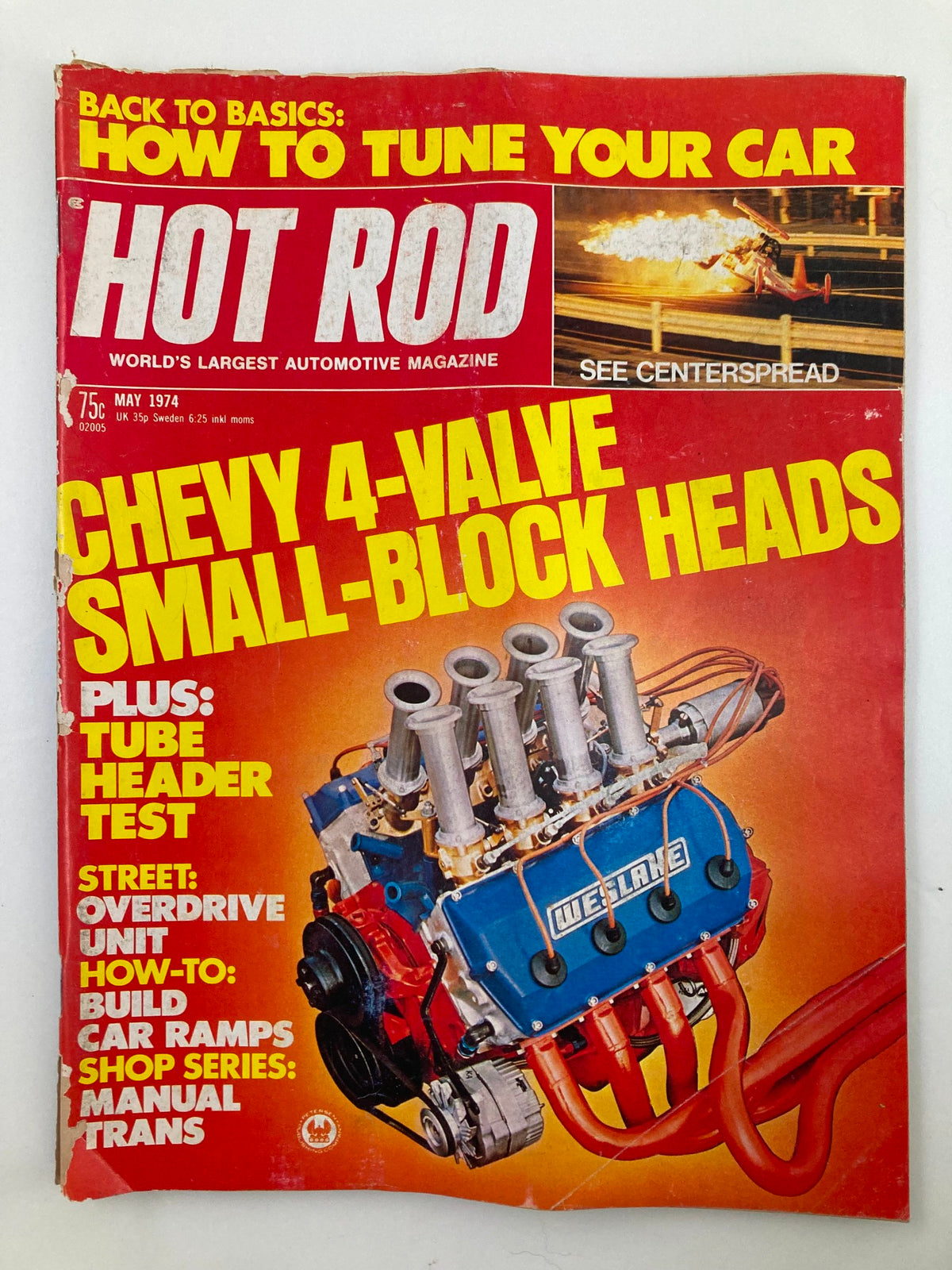 Cover of Hot Rod Magazine May 1974 Vol 27 #5 featuring the article on Chevy 4-Valve Small-Block Heads, highlighting automotive performance and design.