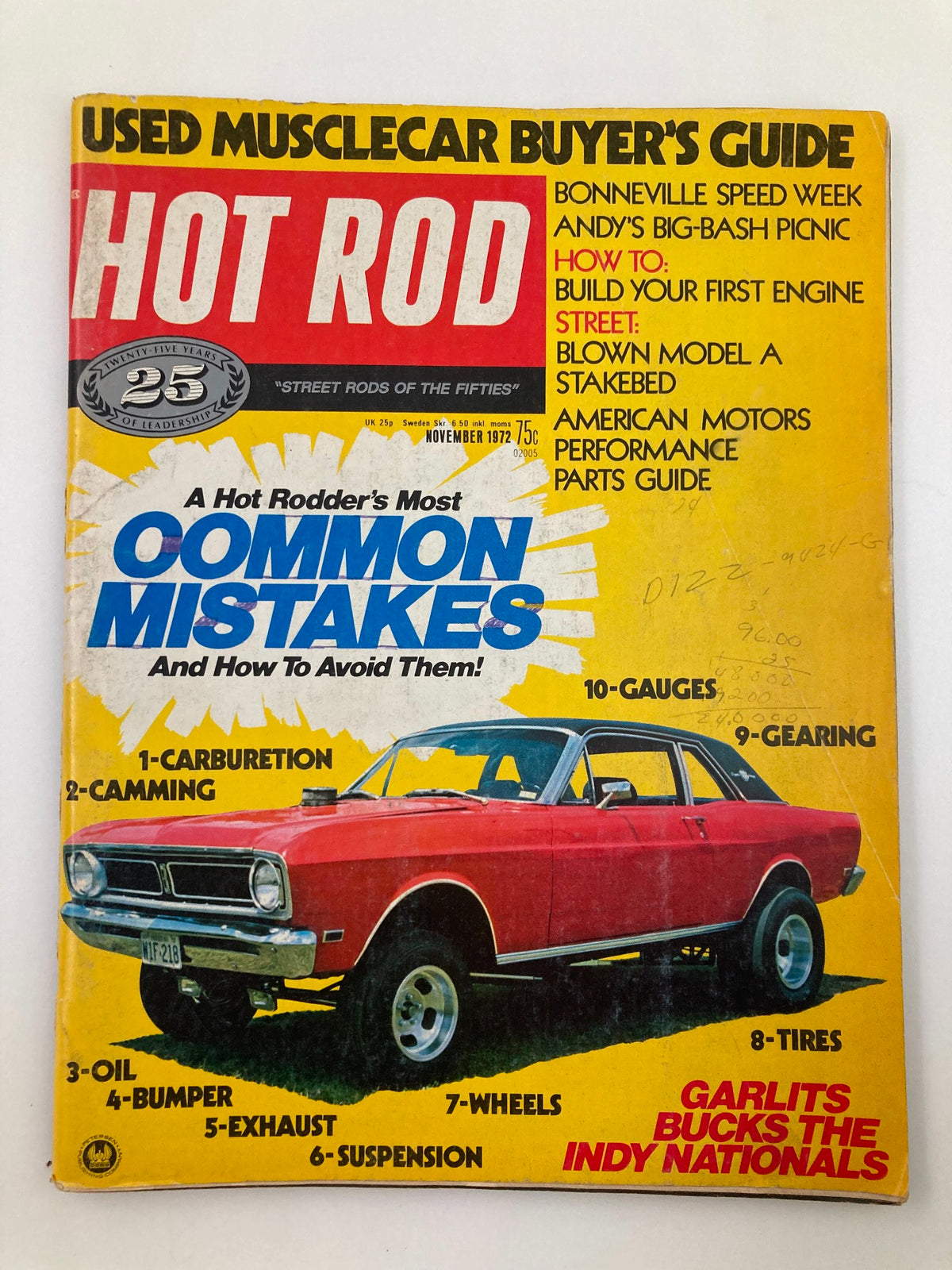 VTG Hot Rod Magazine November 1972 Vol 25 #11 cover featuring a red muscle car, showcasing articles on common mistakes for hot rodders and how to build your first engine.