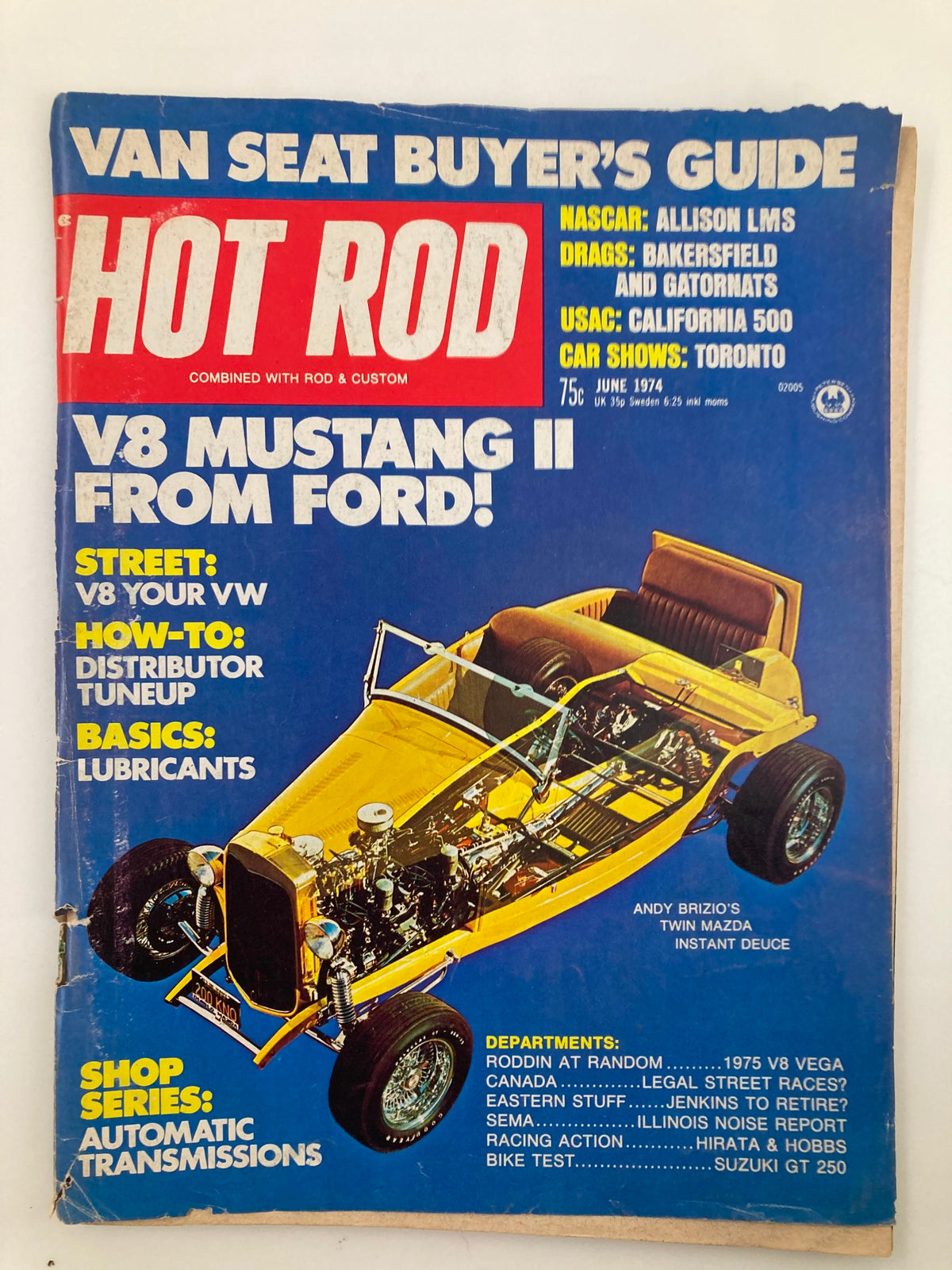 Cover of VTG Hot Rod Magazine June 1974 Vol 27 #6 featuring Andy Brizio's Twin Mazda, showcasing vibrant graphic design and automotive themes.
