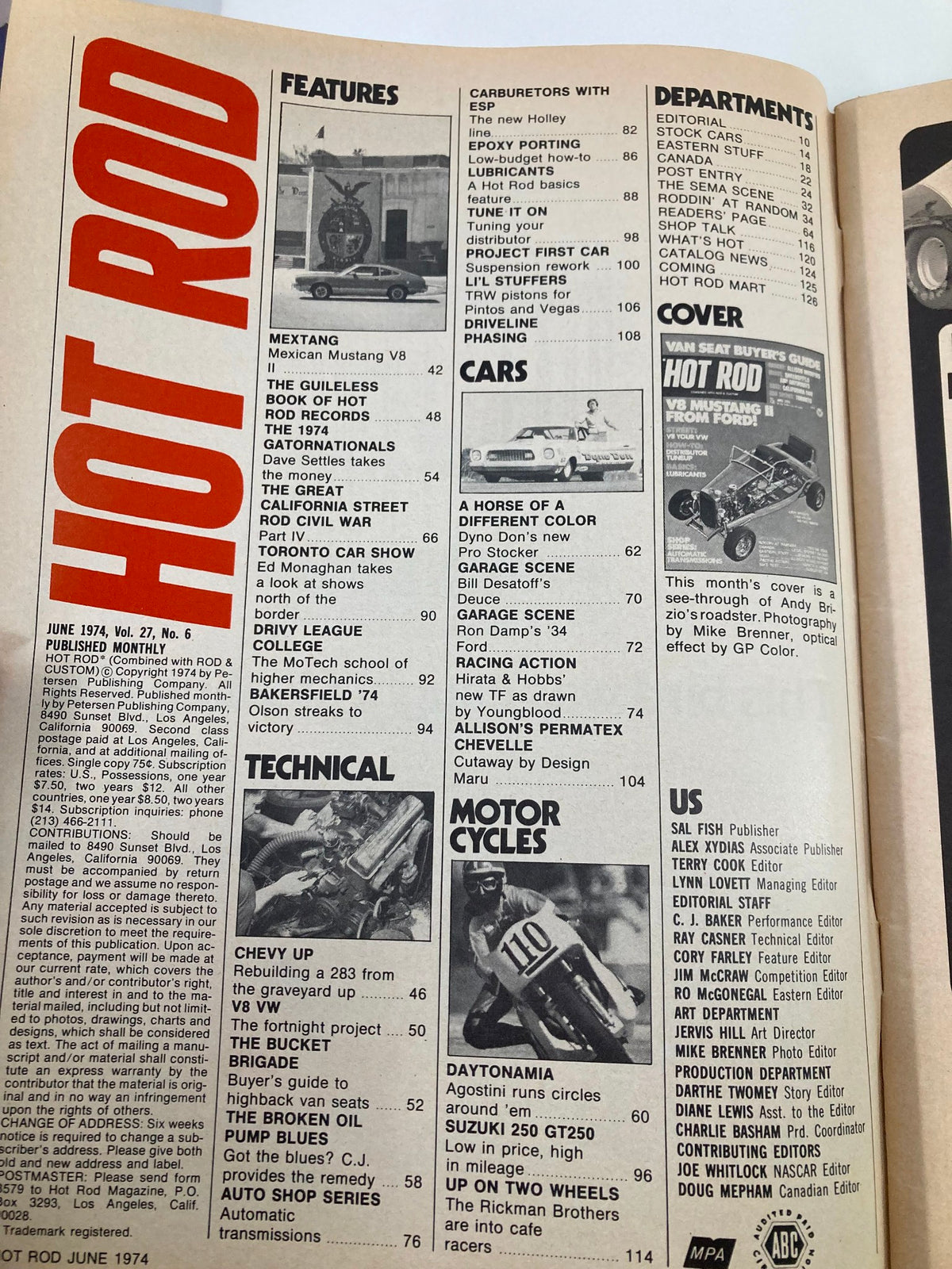 Inside page of VTG Hot Rod Magazine June 1974 Vol 27 #6 featuring contents and articles list, celebrating classic hot rodding culture with detailed descriptions.