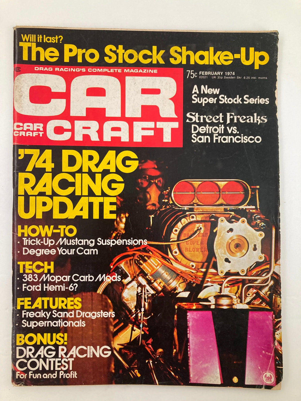 Car Craft Magazine February 1974, Volume 22, Issue #2 cover featuring '74 Drag Racing Update, How-To tips, and engaging automotive visuals.