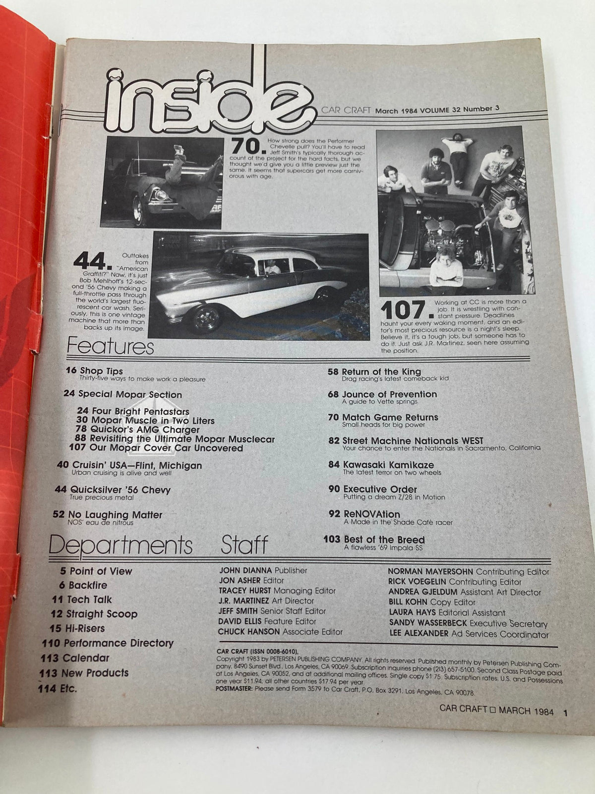 Inside page of VTG Car Craft Magazine March 1984 Vol 32 #3 showcasing articles and features about street machines and shop tips.