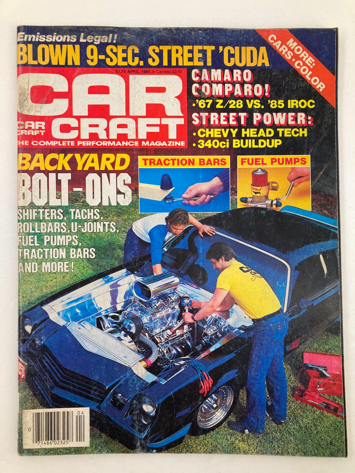 Cover of Car Craft Magazine April 1985 Vol 33 #4 featuring a classic car with a polished engine, showcasing automotive performance topics such as street power, backyard modifications, and traction bars.