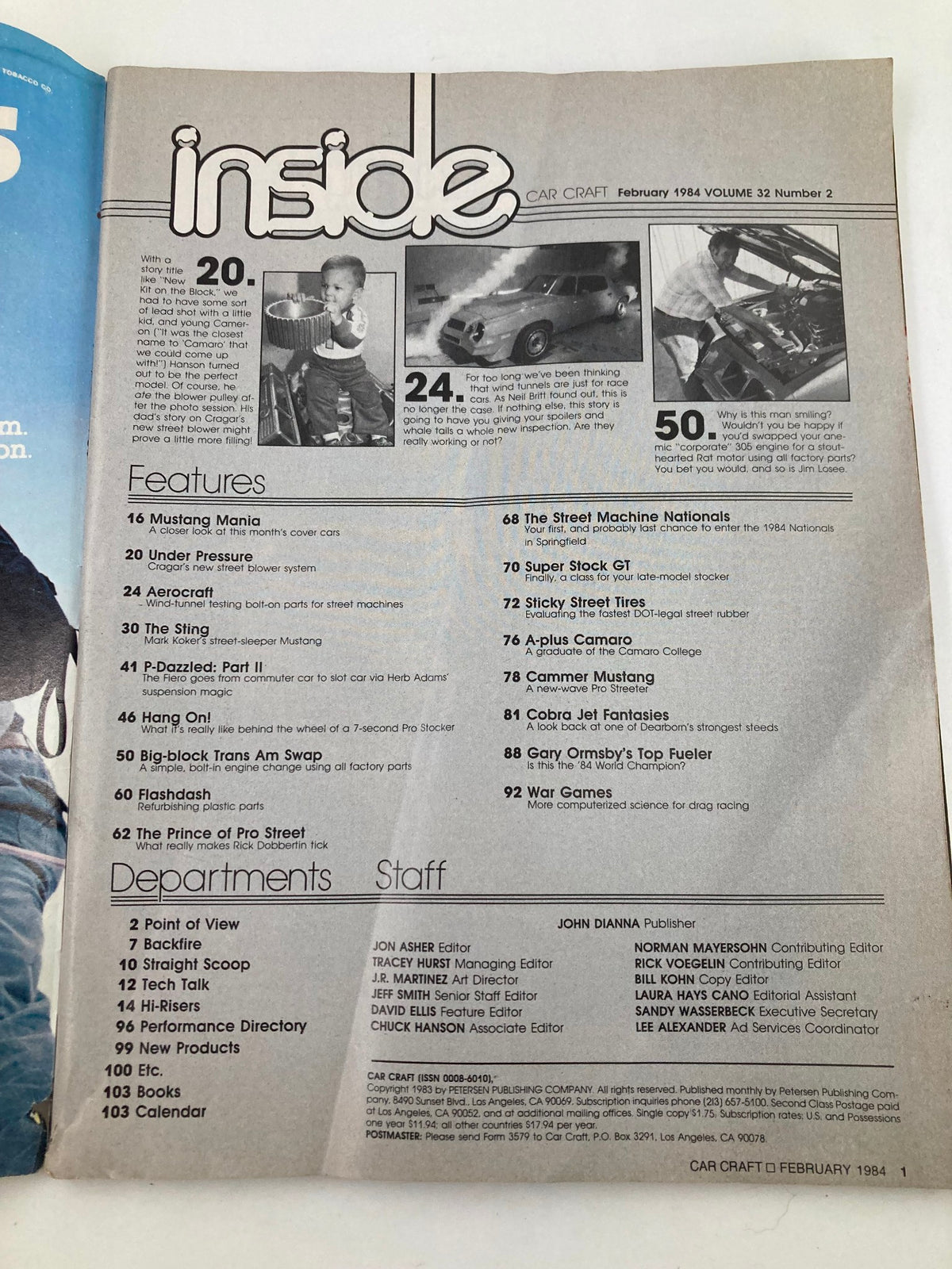 Inside page of VTG Car Craft Magazine February 1984 Vol 32 #2, displaying a table of contents with various articles on Ford street machines and automotive innovations from the 1980s.