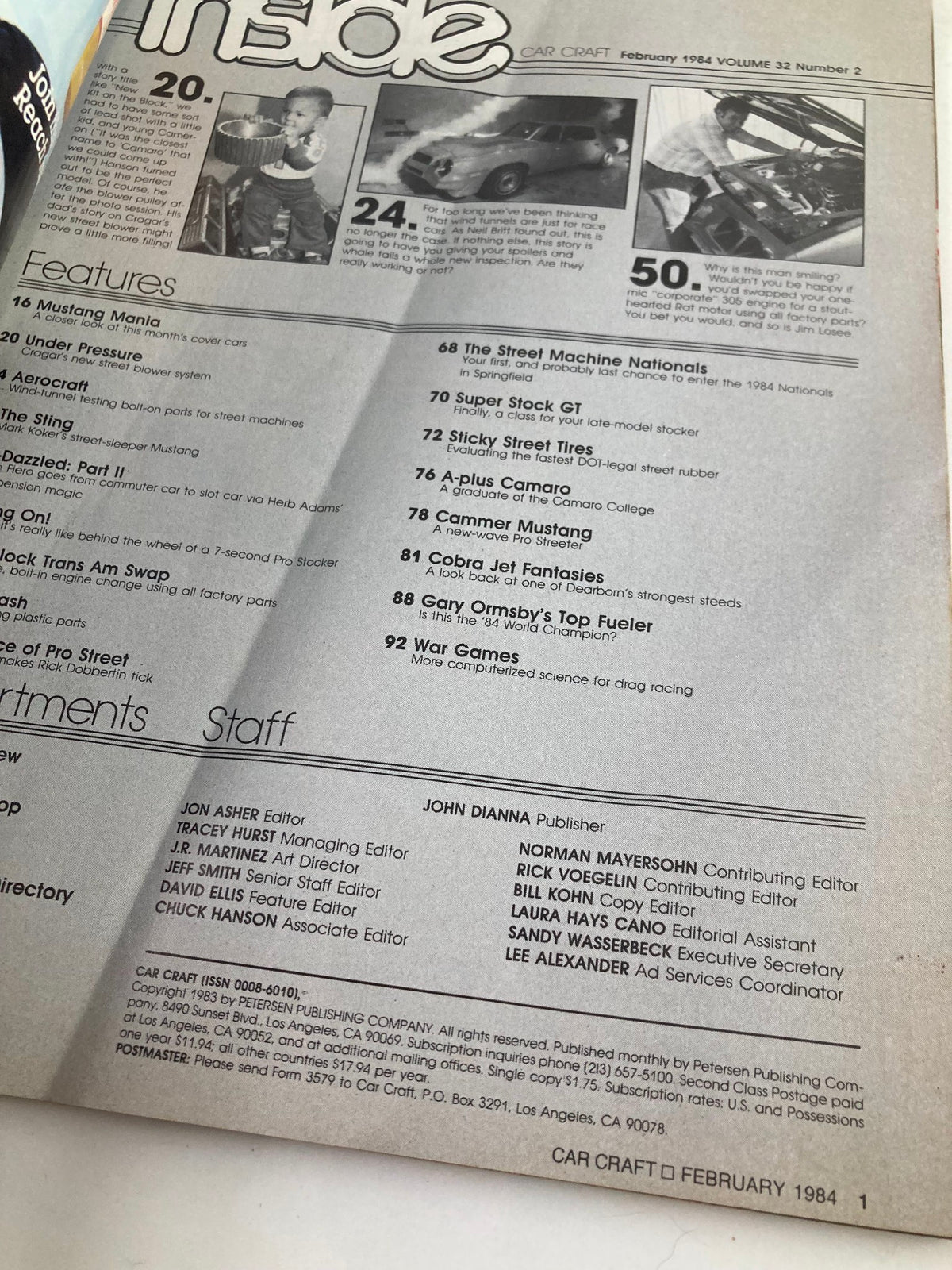 Table of contents from VTG Car Craft Magazine February 1984 Vol 32 #2, featuring articles on Ford street machines and automotive topics.
