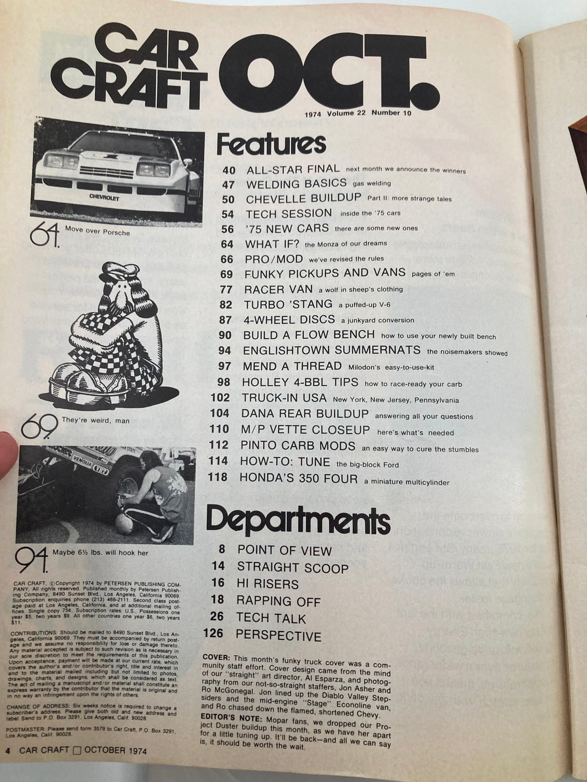 Inside page of VTG Car Craft Magazine October 1974 Vol 22 #10 highlighting articles and features including 'Funky Pickups and Vans', with a table of contents layout.