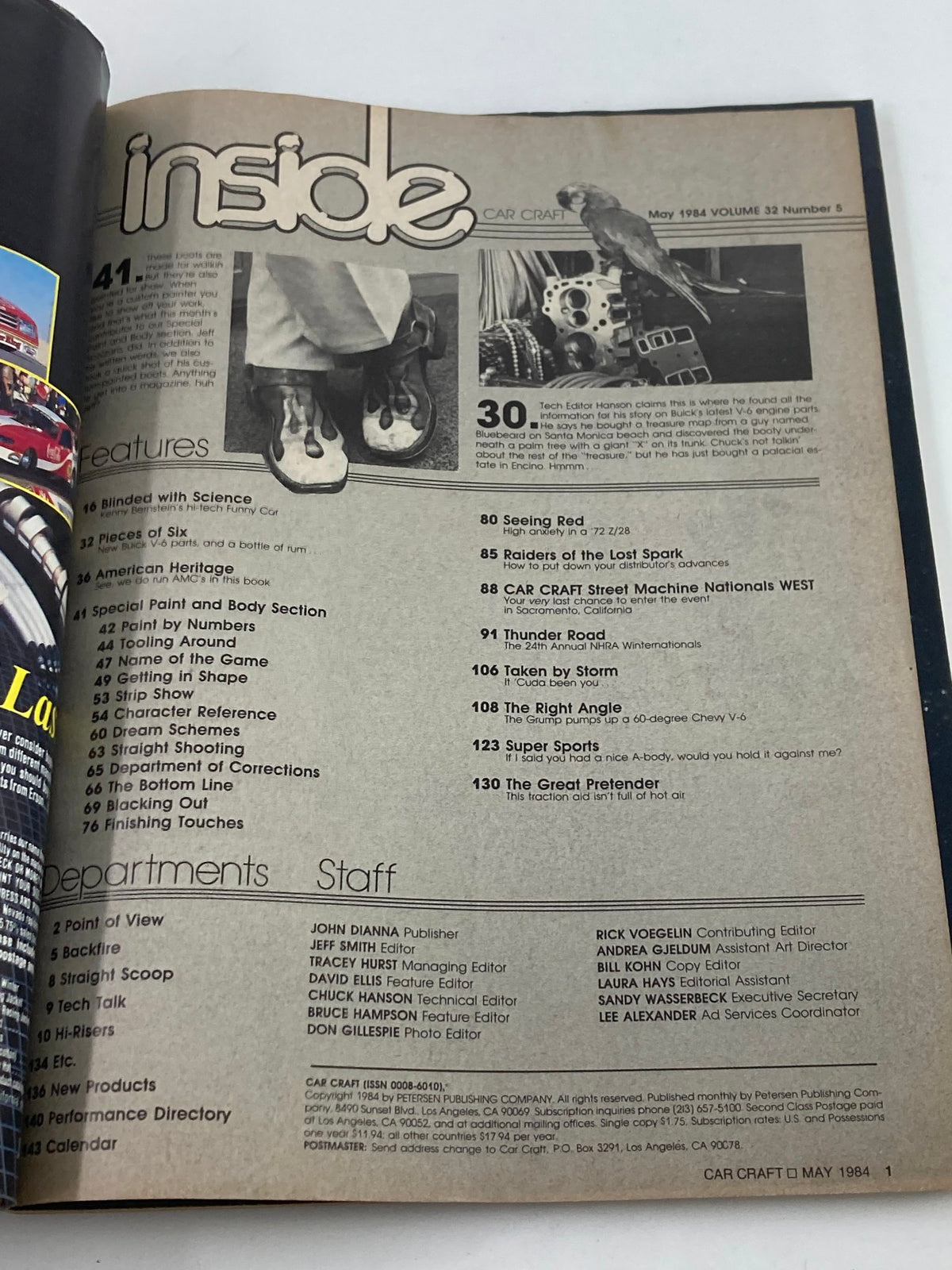 Inside page of VTG Car Craft Magazine May 1984 Vol 32 #5 displaying the table of contents and upcoming features related to automotive paint and customization.