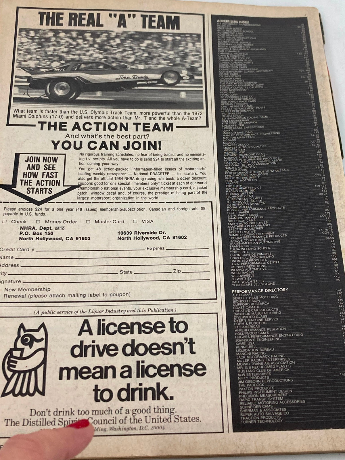 Advertisement page from VTG Car Craft Magazine May 1984 Vol 32 #5 promoting membership and events relevant to car enthusiasts and drag racing.