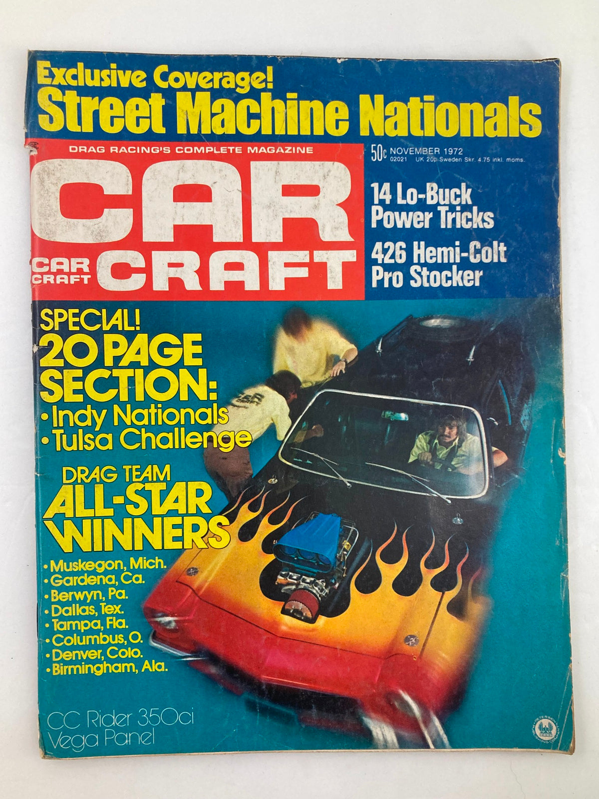 Cover of VTG Car Craft Magazine November 1972 Vol 20 #11 featuring a vibrant image of a car with flames, highlighting street machine nationals and articles on drag racing.