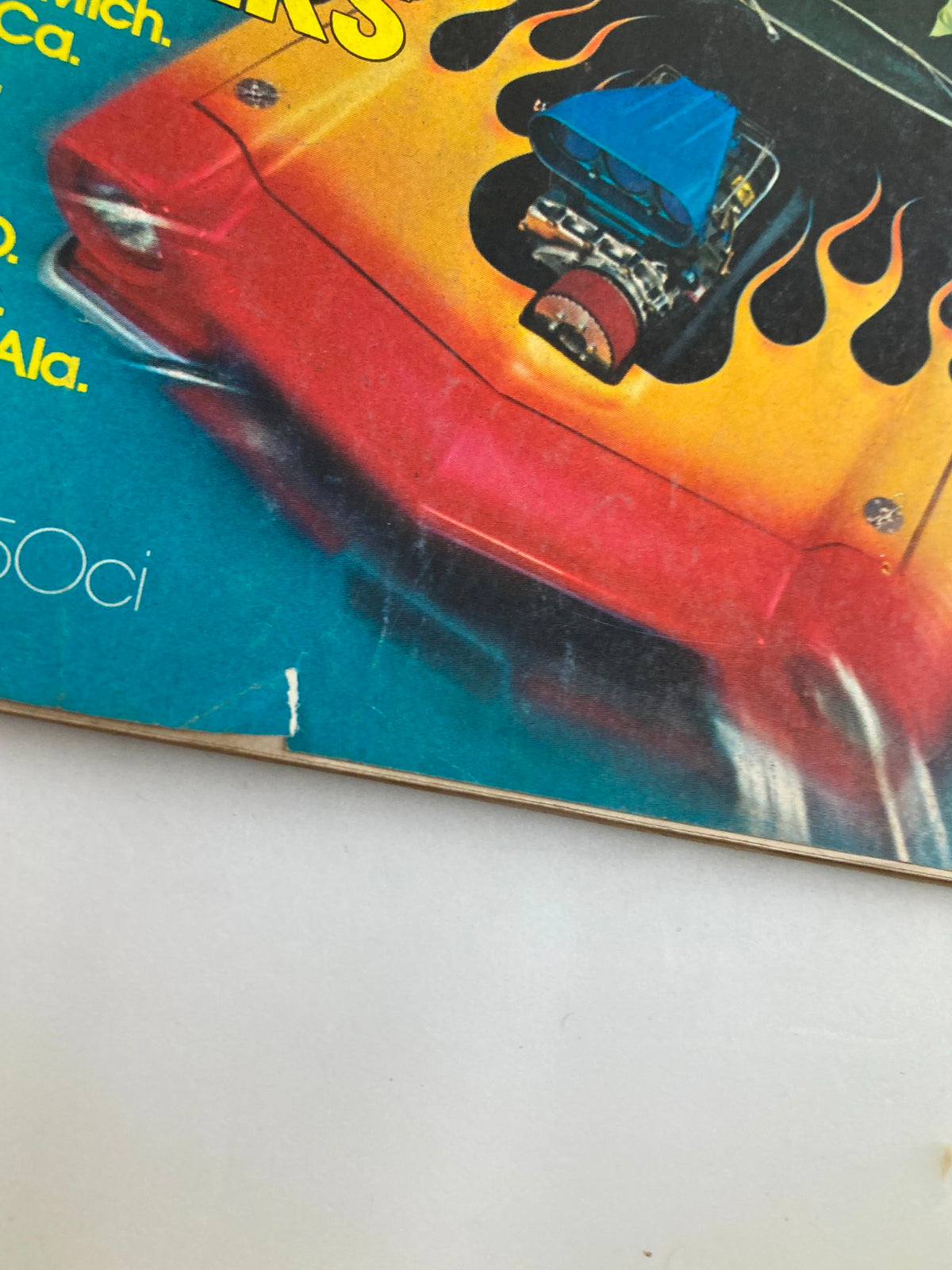 Another angle of the VTG Car Craft Magazine November 1972 Vol 20 #11 cover revealing eye-catching graphics of a vintage car with flames, representing classic car culture.