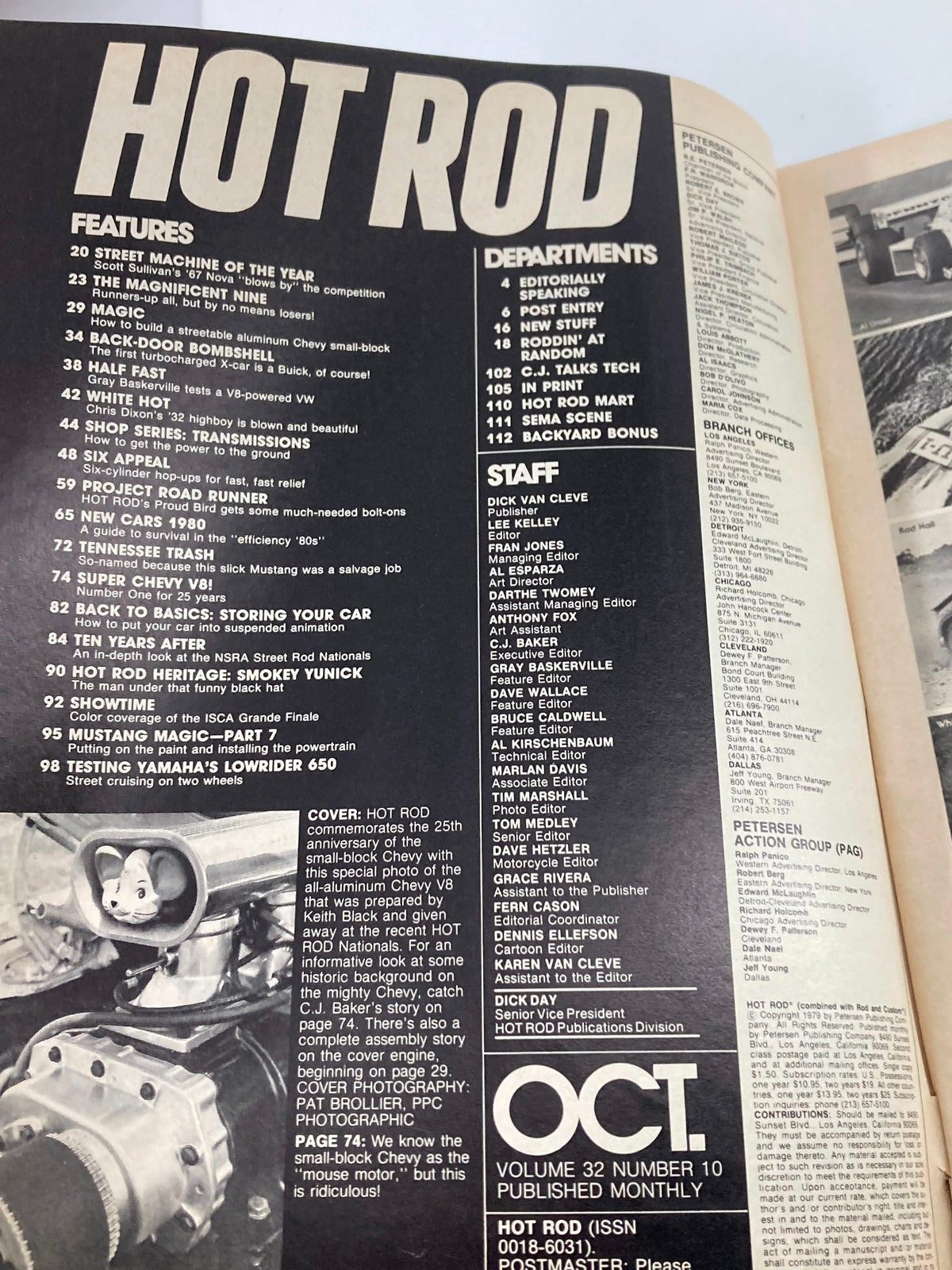 Inside page of VTG Hot Rod Magazine October 1979 Vol 32 #10 displaying content features and articles related to automotive culture and the Chevy V8.