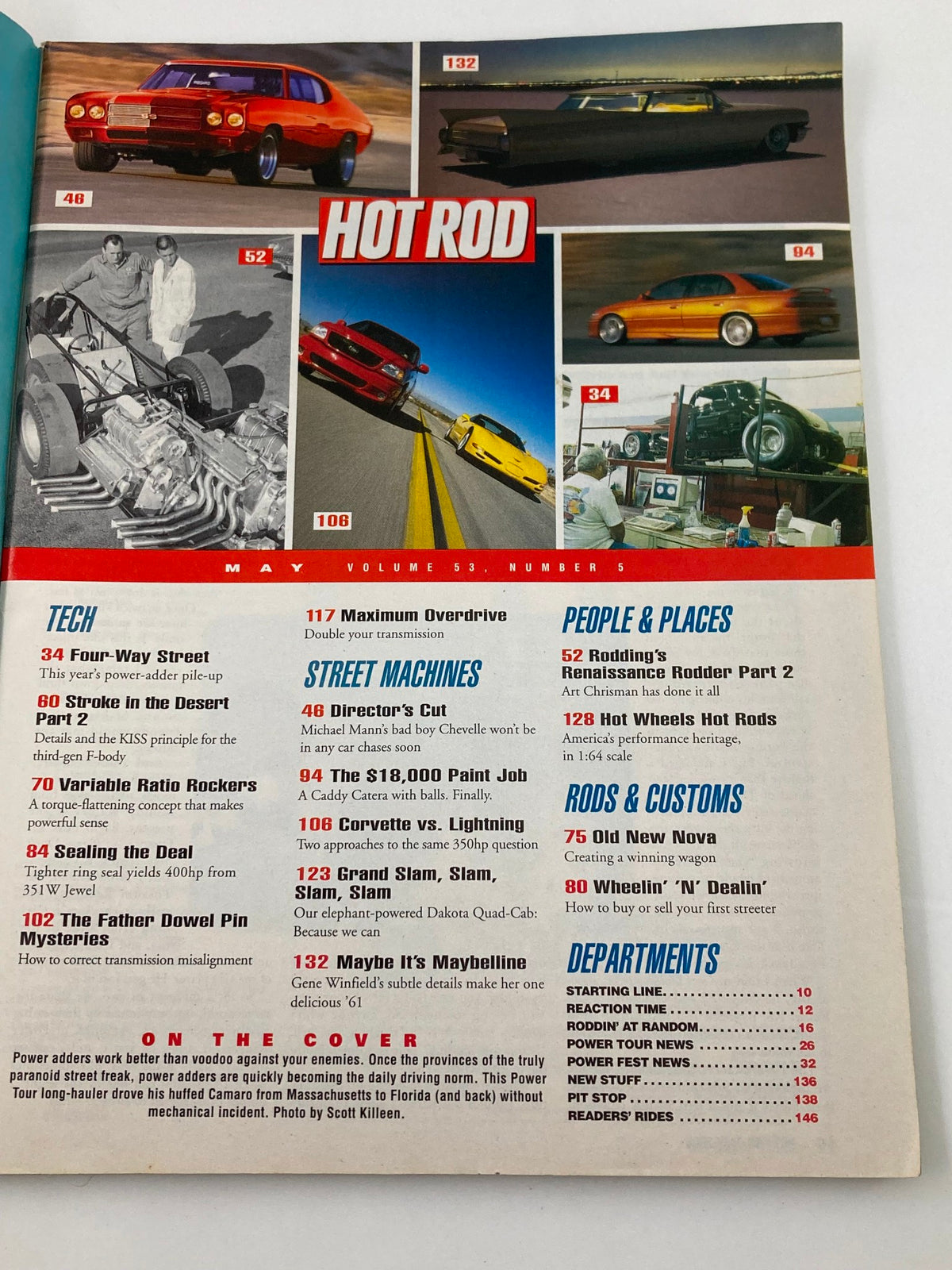 Contents page of Hot Rod Magazine May 2000 Volume 53 #5, showcasing articles on classic cars and performance enhancements.