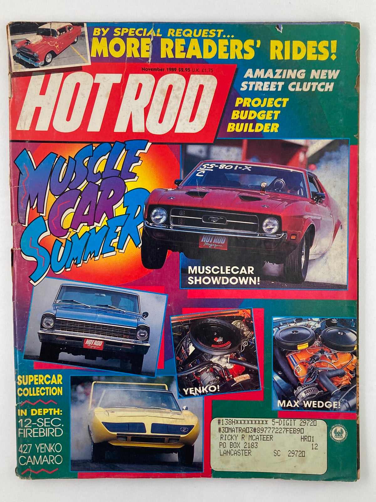 Cover of Hot Rod Magazine, November 1989, Vol 42 #11 featuring the title 'Muscle Car Summer' and highlights from the Musclecar Showdown, showing an iconic muscle car and information about Yenko and Wedge models.