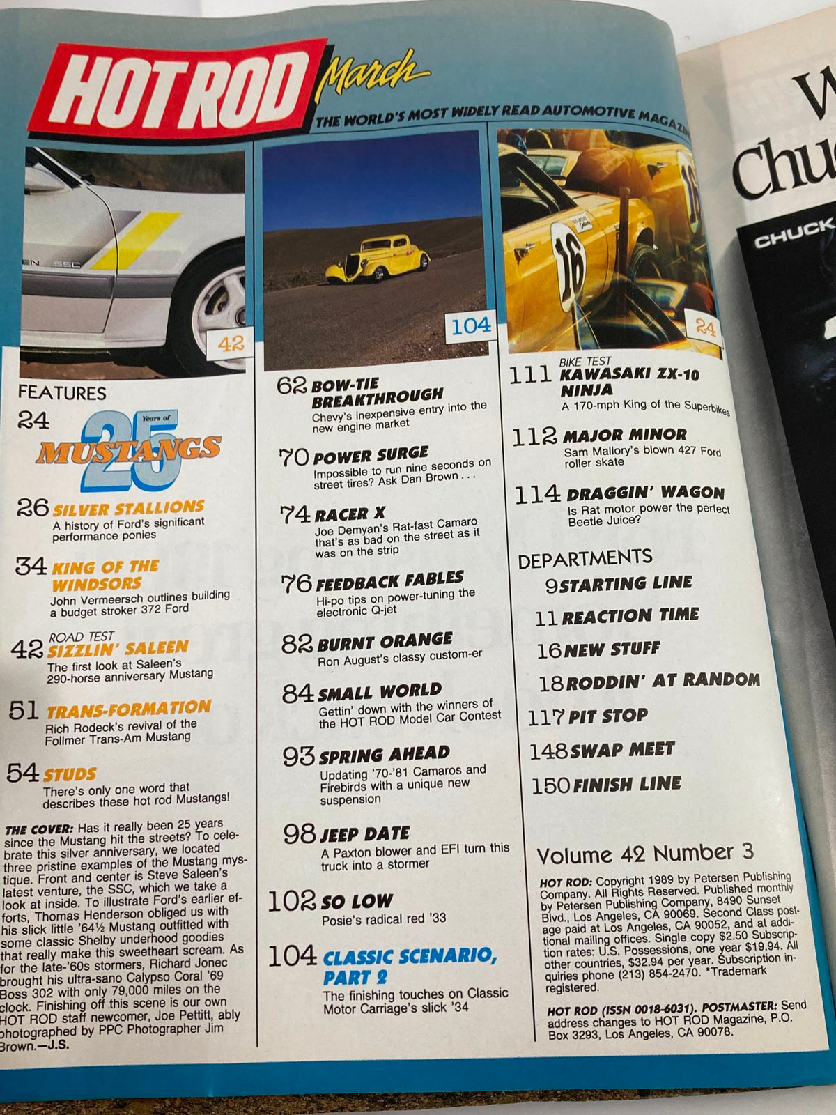 Inside page of Hot Rod Magazine March 1989 Vol 42 #3 showcasing table of contents with features on Mustangs and other performance vehicles.