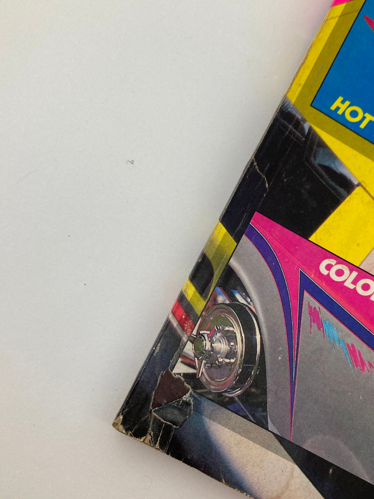 Side view of VTG Hot Rod Magazine March 1988 Vol 41 #3, showcasing colorful graphics and the edges of the cover related to Don Miller's '87 Camaro.