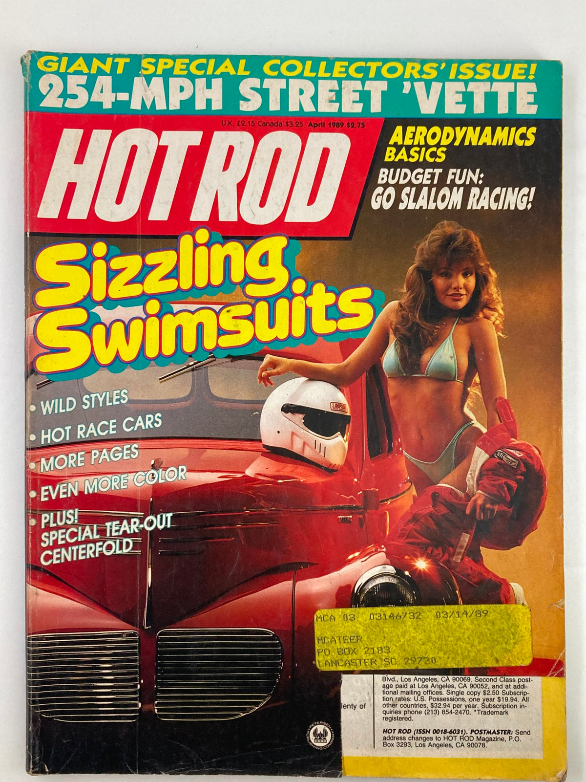 VTG Hot Rod Magazine April 1989 Vol 42 #4 featuring Brandi Brandt in a Ziganne swimsuit on the cover, showcasing classic car culture and vintage fashion.