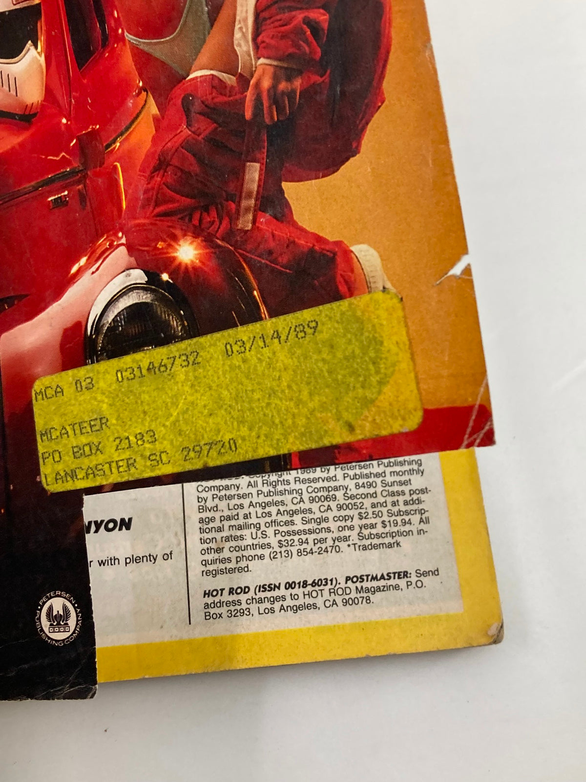 Close-up of the back cover of VTG Hot Rod Magazine April 1989 Vol 42 #4, featuring details such as mailing information and small wear indicators, highlighting its vintage collectible status.