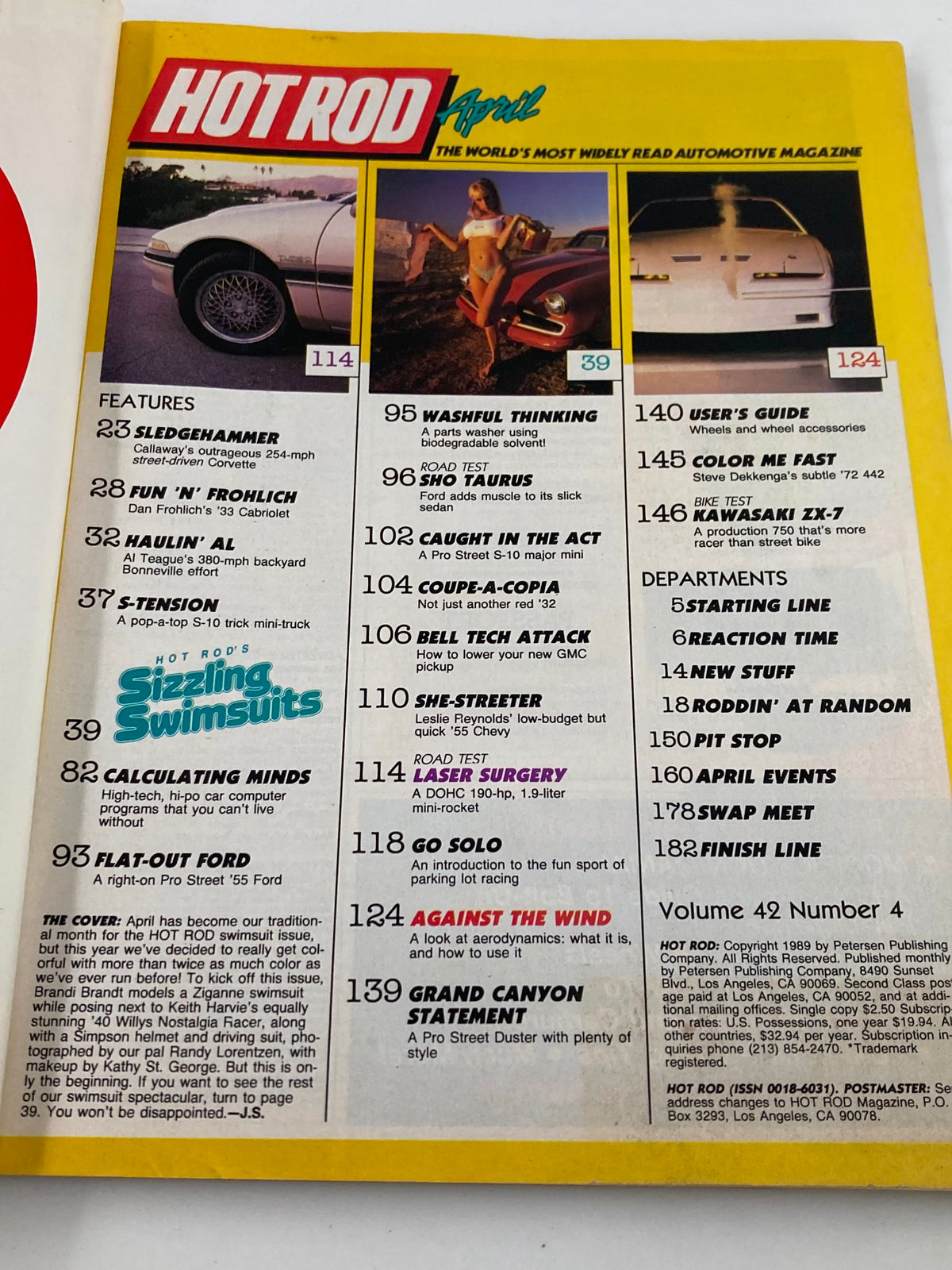 Interior page of VTG Hot Rod Magazine April 1989 Vol 42 #4, displaying the contents page with featured articles including 'Sizzling Swimsuits' and car culture highlights.