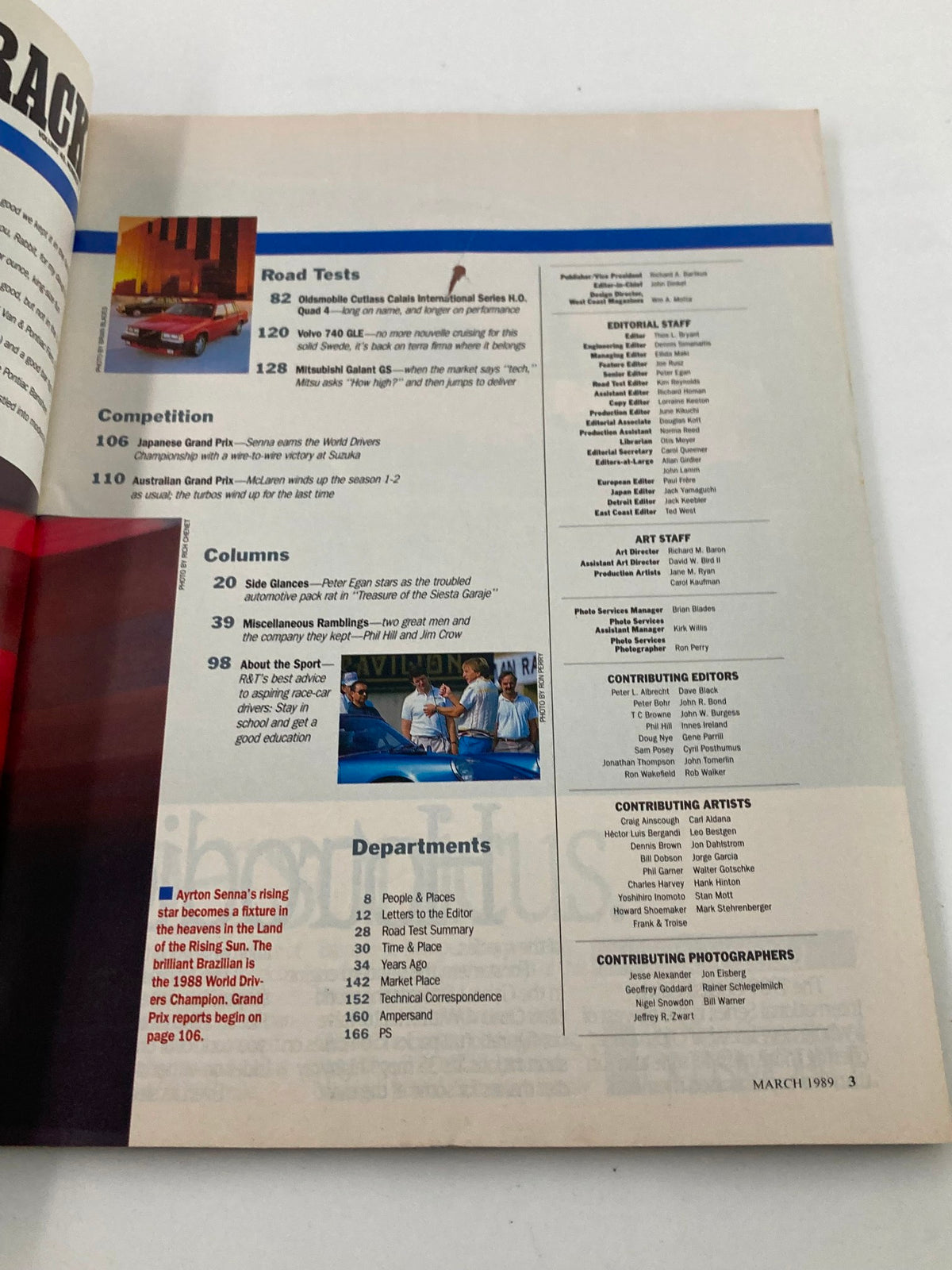 Contents page of Road & Track Magazine March 1989 detailing featured articles, car tests, and special columns pertinent to the automotive industry.