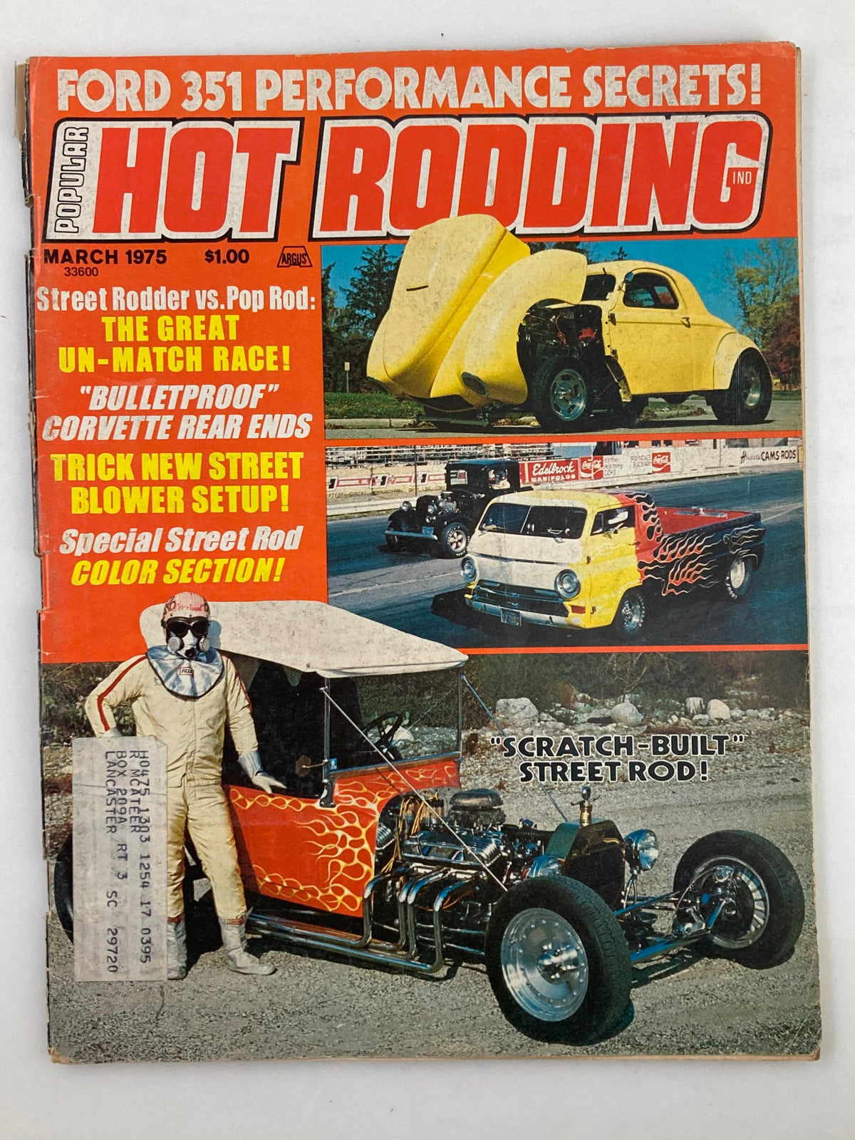 Vintage Popular Hot Rodding Magazine cover from March 1975, Volume 14, Issue #3 featuring a scratch-built street rod, showcasing classic car culture and hot rodding tips.