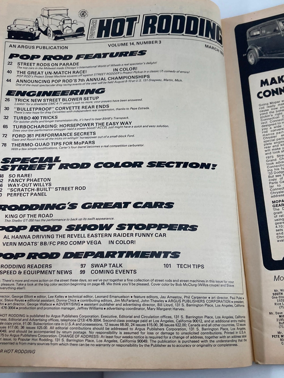 Interior page of Popular Hot Rodding Magazine from March 1975, Volume 14, Issue #3, displaying the table of contents including street rod features and engineering sections.