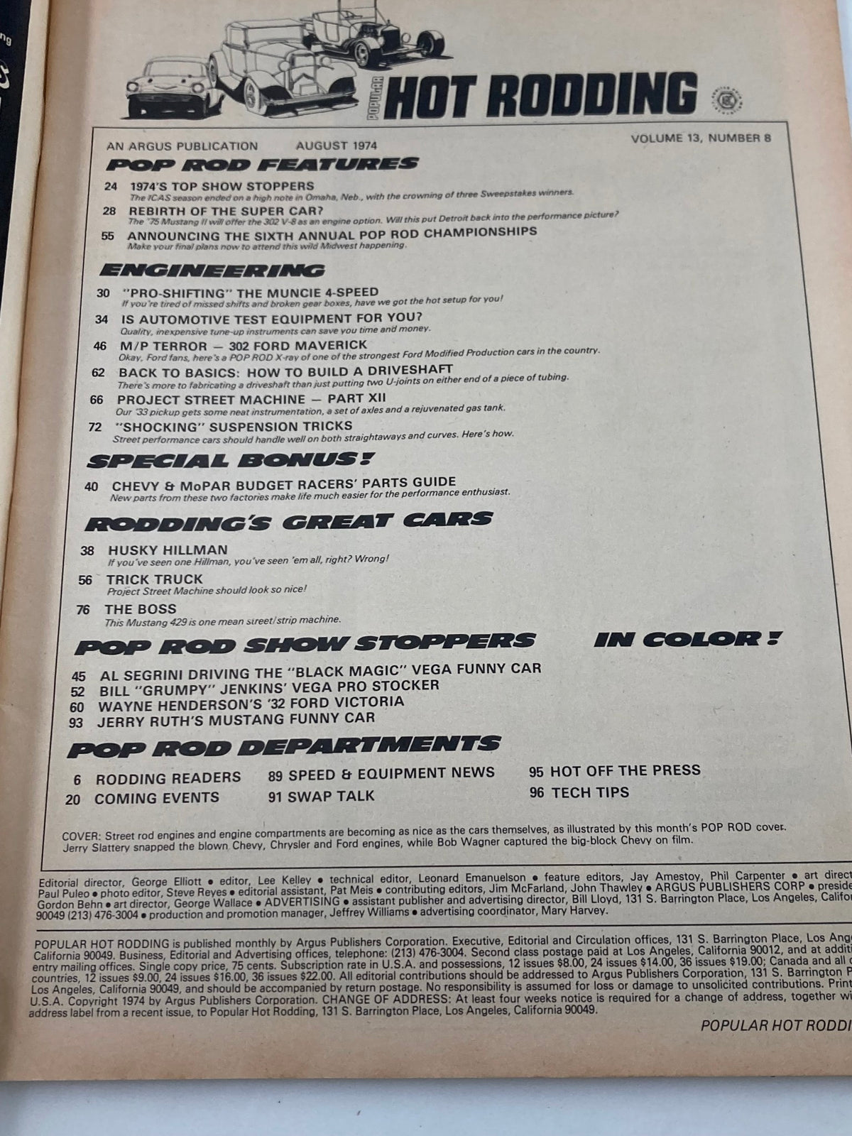 Table of contents from Popular Hot Rodding Magazine, August 1974, Volume 13, Issue #8. Highlights include articles on pro-shifting 4-speed transmissions, engineering insights, and features on classic cars like Husky Hillman and Mustang Funny Car.