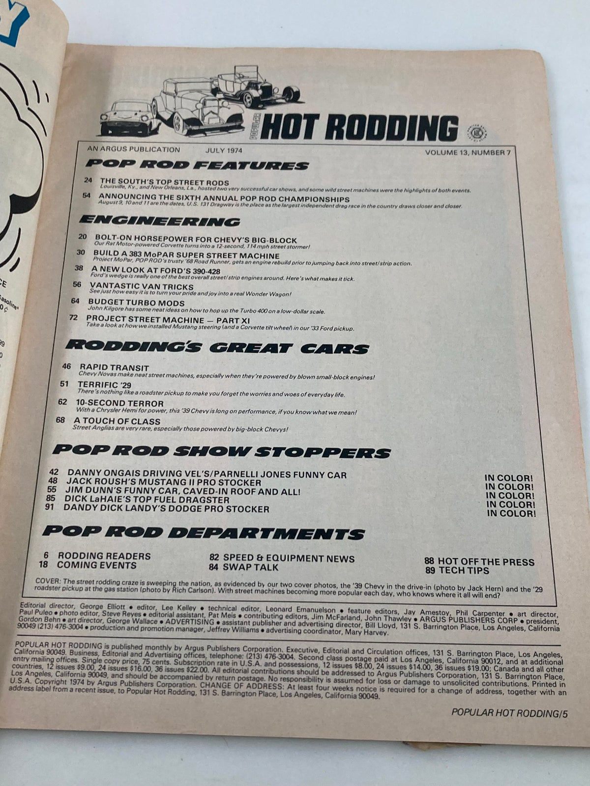 Contents page of Popular Hot Rodding Magazine, July 1974, Vol 13 #7 showcasing articles on automotive engineering, pop rod features, and turbo mods.