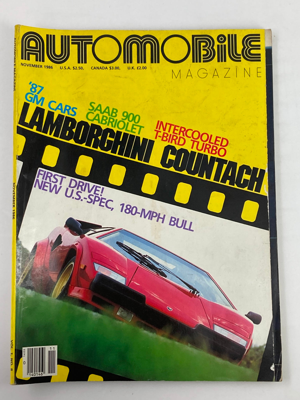 Cover of the 1986 Vol 1 #8 VTG Automobile Magazine featuring the Lamborghini Countach and the U.S.-Spec 180-Mph Bull, showcasing vintage automotive culture.