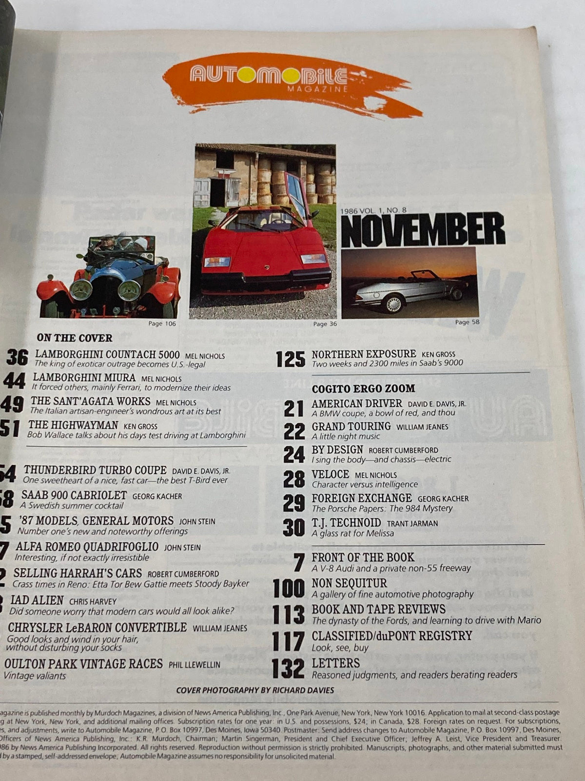 Interior page of VTG Automobile Magazine 1986 Vol 1 #8 showcasing articles and features on iconic cars like the Lamborghini Countach and Miura, along with the magazine's signature design style.