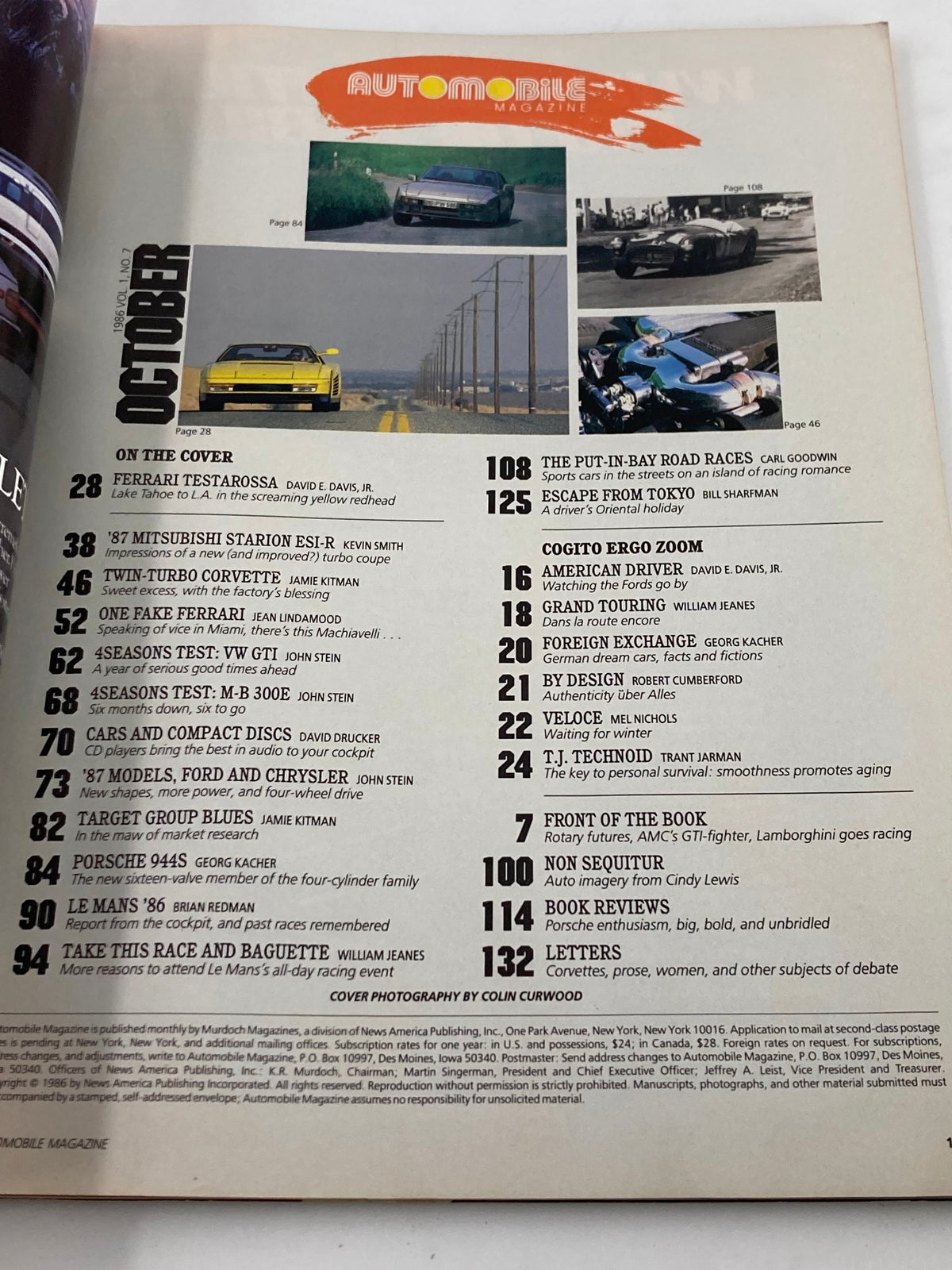 Table of contents page from VTG Automobile Magazine October 1986 Vol 1 #7, including articles on the Ferrari Testarossa and other automotive features.