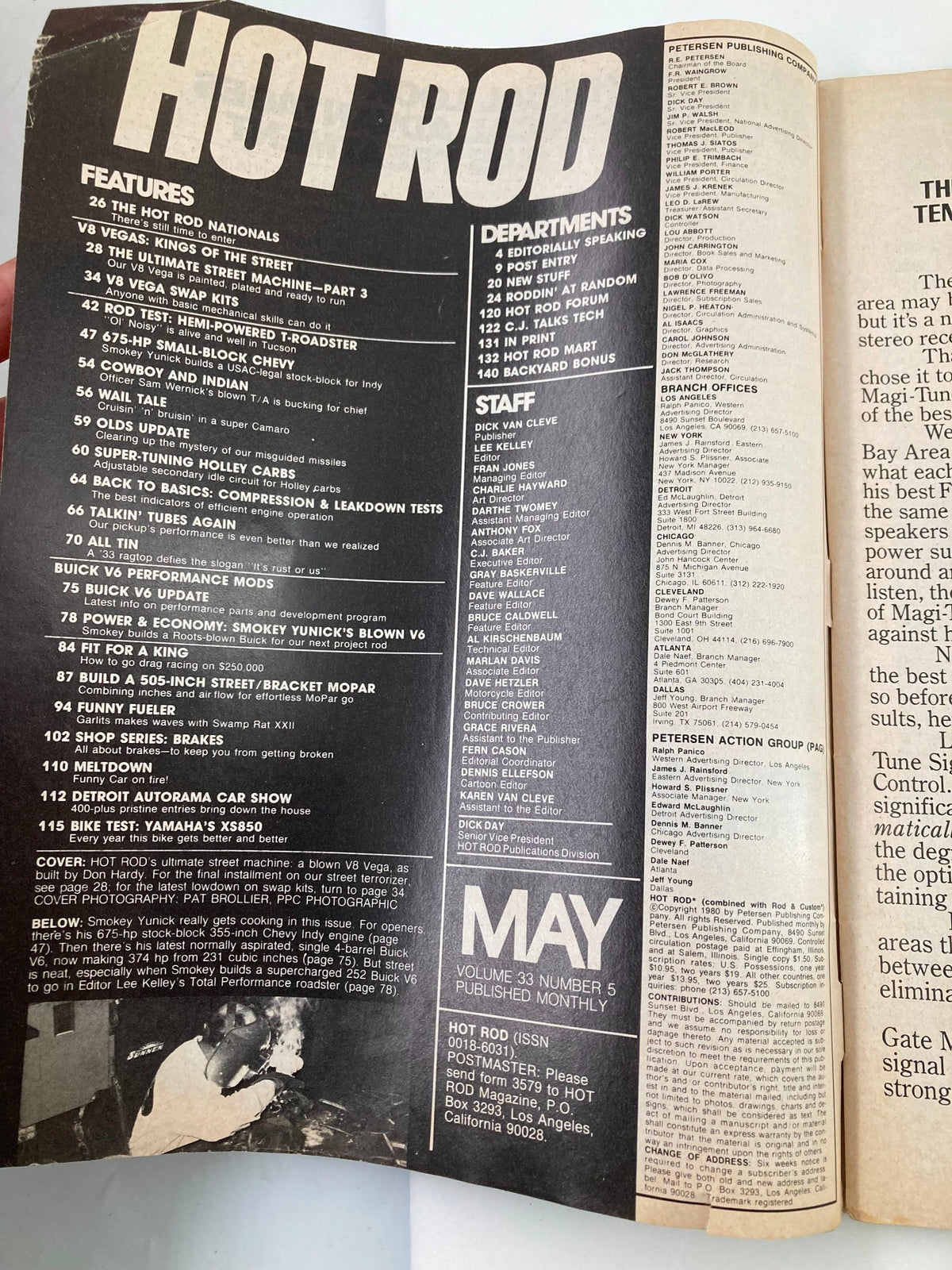 Inside page of VTG Hot Rod Magazine May 1980 Vol 33 #5 displaying table of contents and features related to classic cars and hot rod culture.