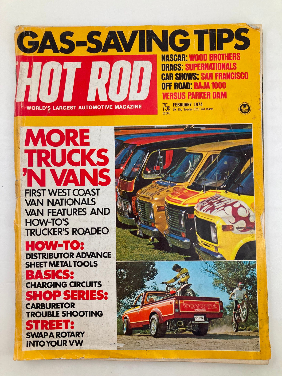 Cover of VTG Hot Rod Magazine February 1974 Vol 27 #2 More Trucks 'N Vans featuring vintage trucks and automotive tips.
