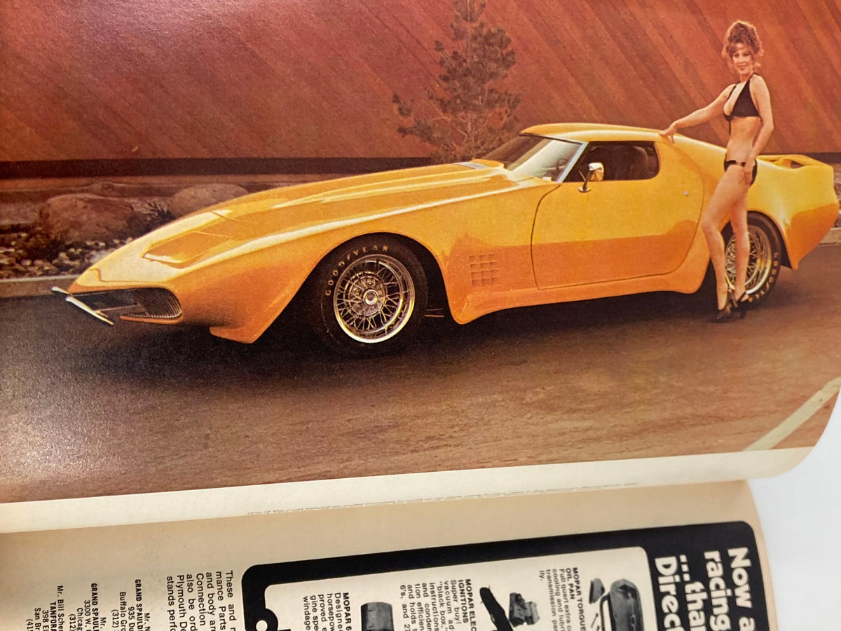 1976 Annual Spring Edition Hot Rod Showdown showcasing a vibrant yellow classic car with a model, highlighting the stylish designs of American muscle cars from the era.